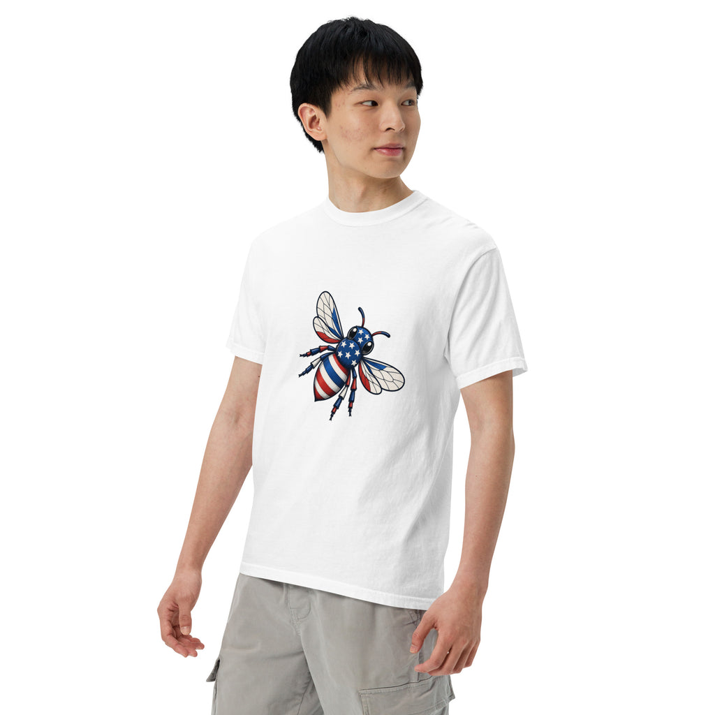 White unisex heavyweight T-shirt with front bee graphic and crew neck