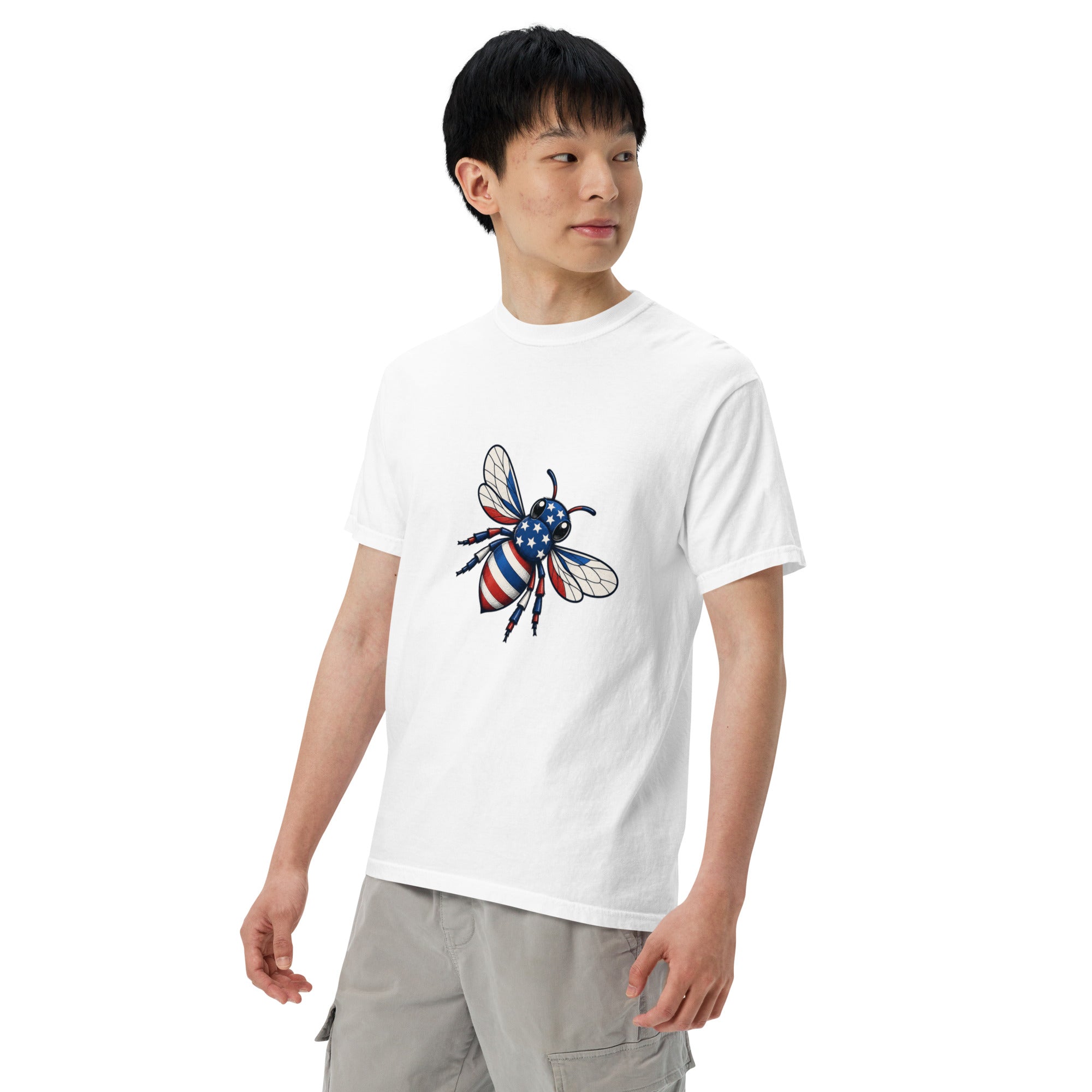 White unisex heavyweight T-shirt with front bee graphic and crew neck