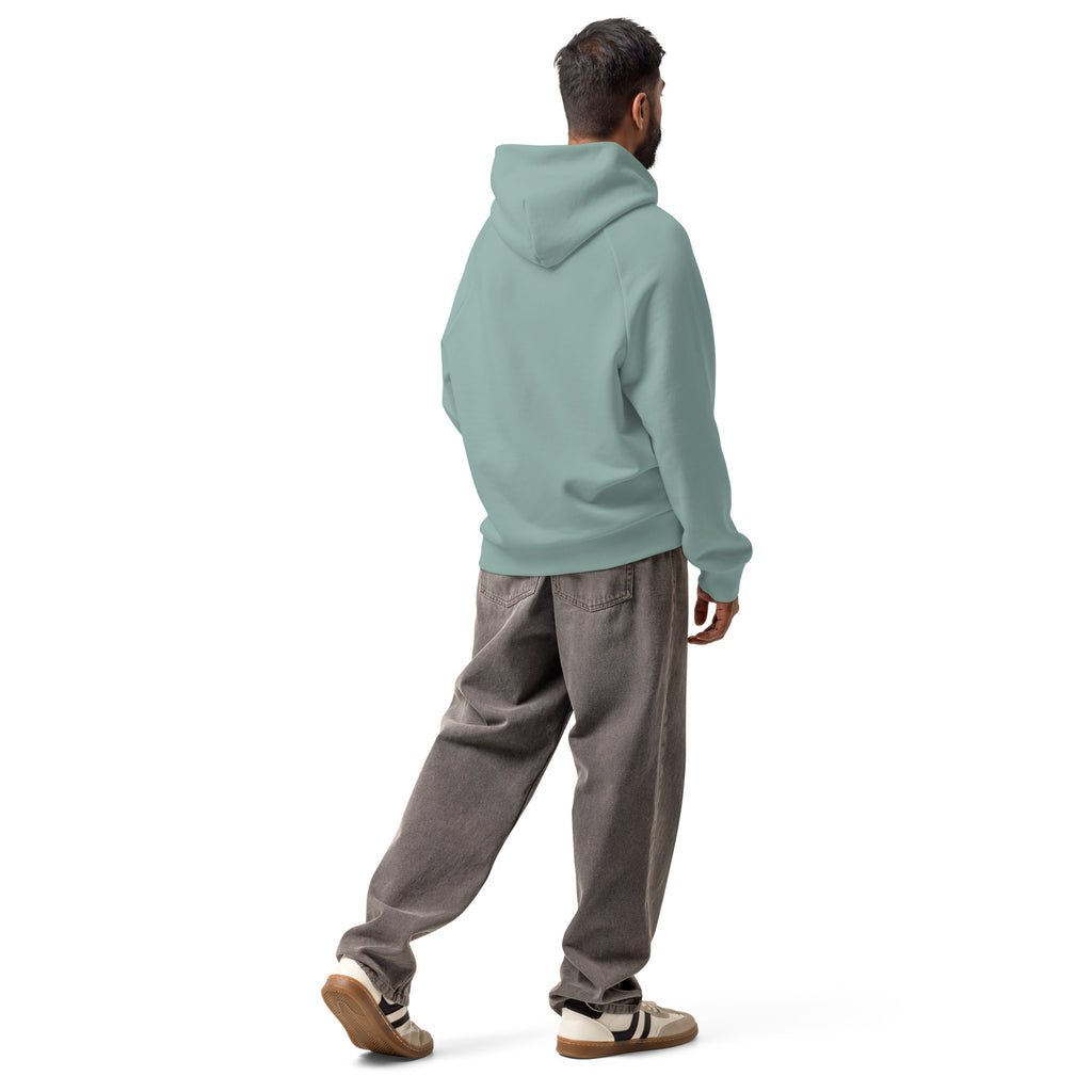 Moss gray unisex heavyweight hoodie with hood and kangaroo pocket, back view