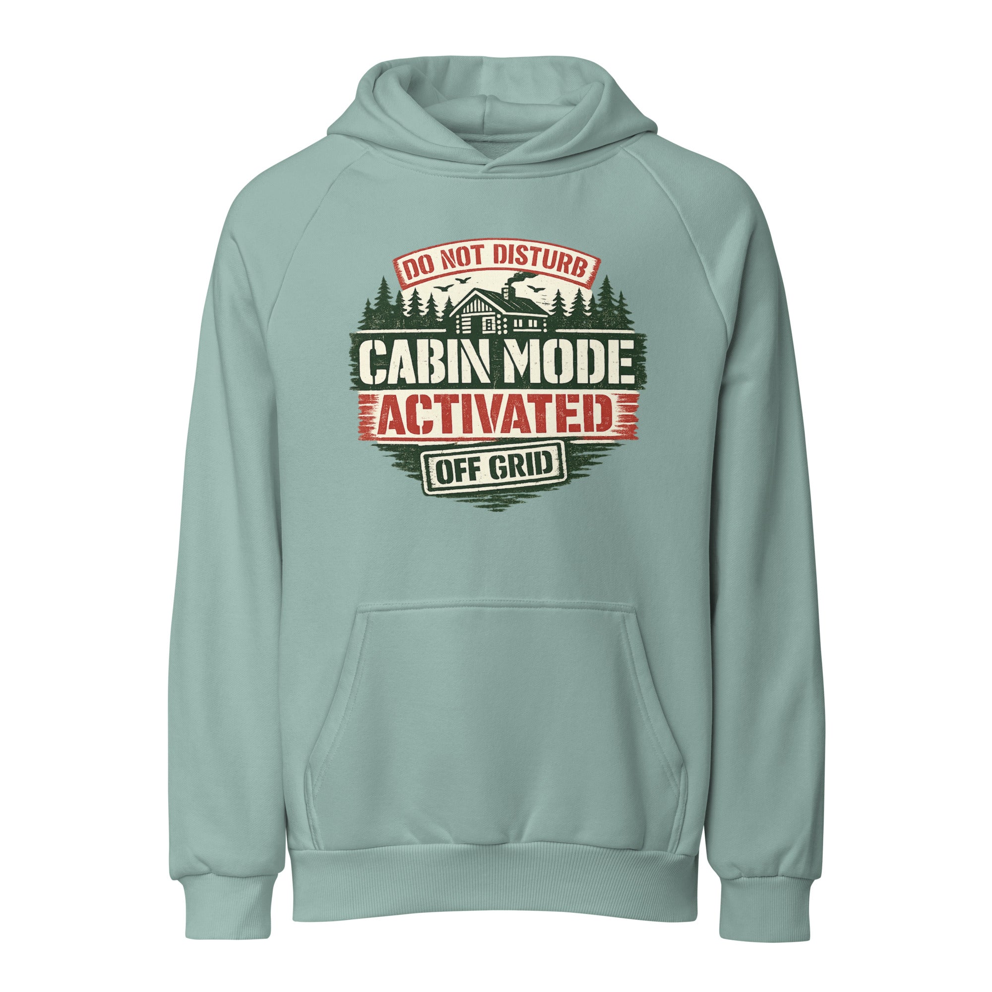 Arona unisex heavy hoodie with Cabin Mode Activated front graphic and kangaroo pocket