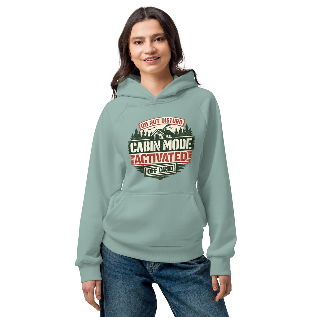 Unisex heavyweight hoodie in muted teal with front Cabin Mode Activated graphic
