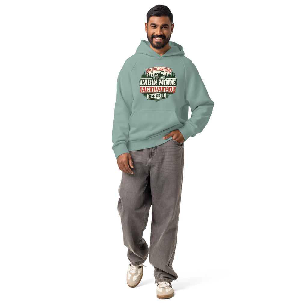 Unisex heavyweight hoodie, teal with hood and kangaroo pocket, front logo print