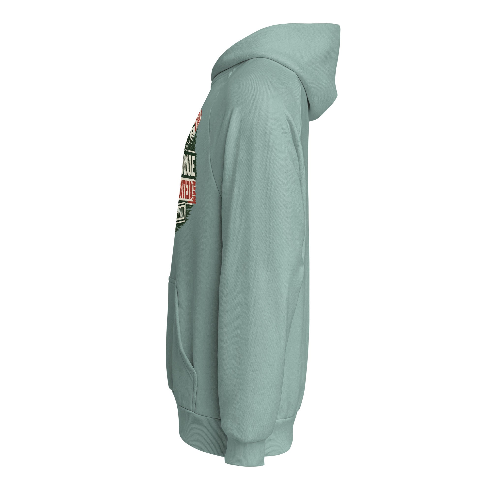 Unisex heavyweight hoodie, muted teal, side view with hood and kangaroo pocket.