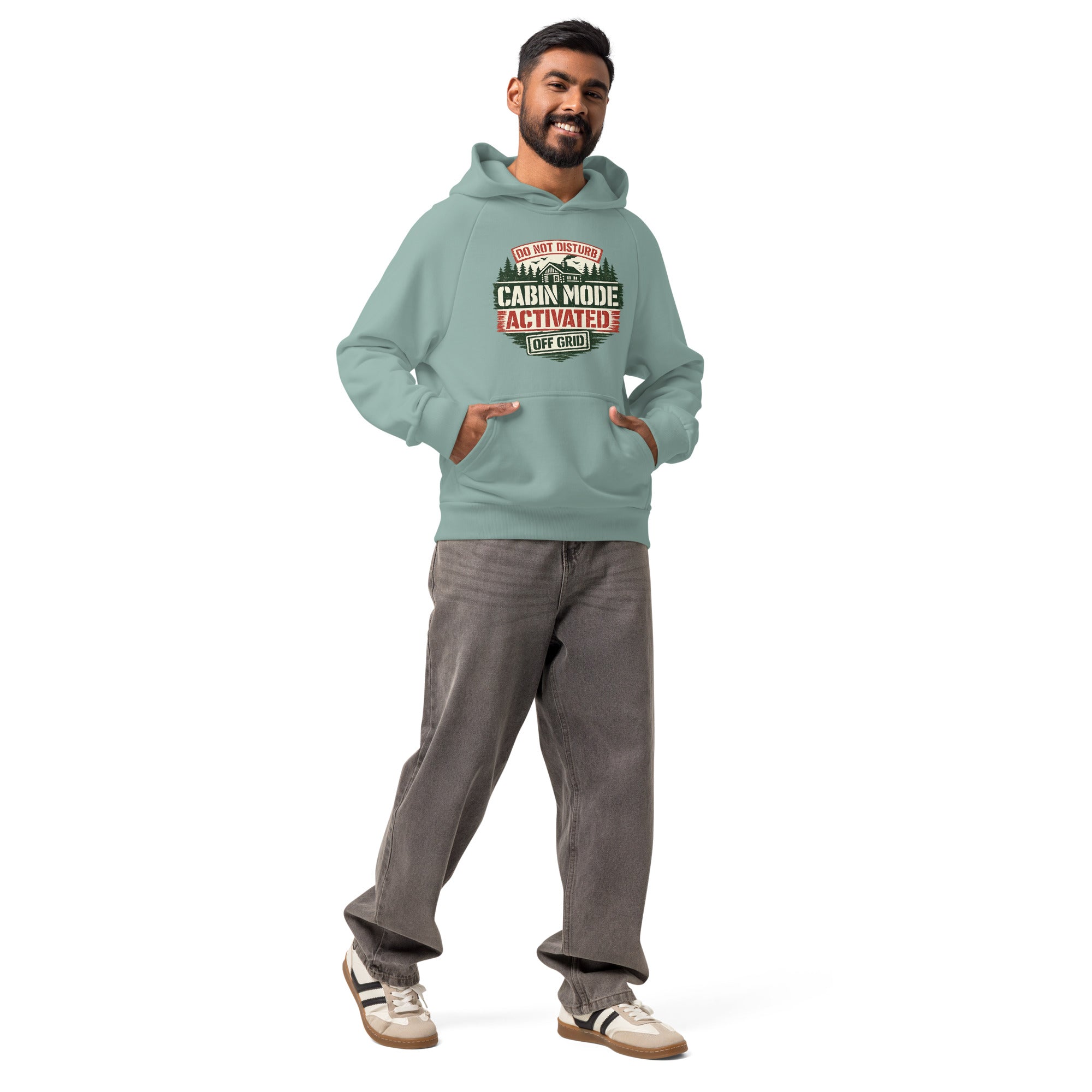 Moss gray unisex heavyweight hoodie with hood, kangaroo pocket, and Cabin Mode graphic