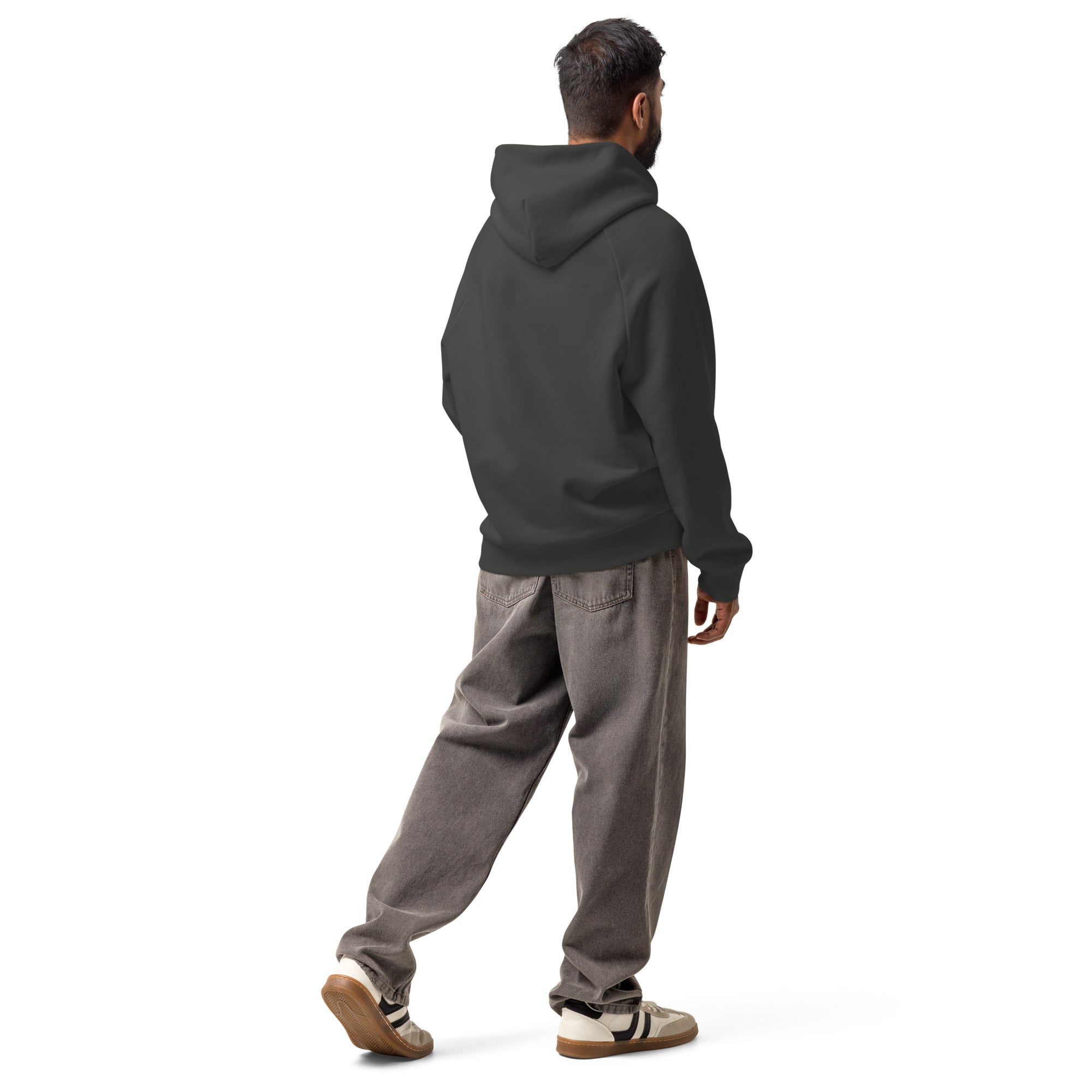 Asphalt gray unisex heavyweight hoodie with hood and kangaroo pocket, back view