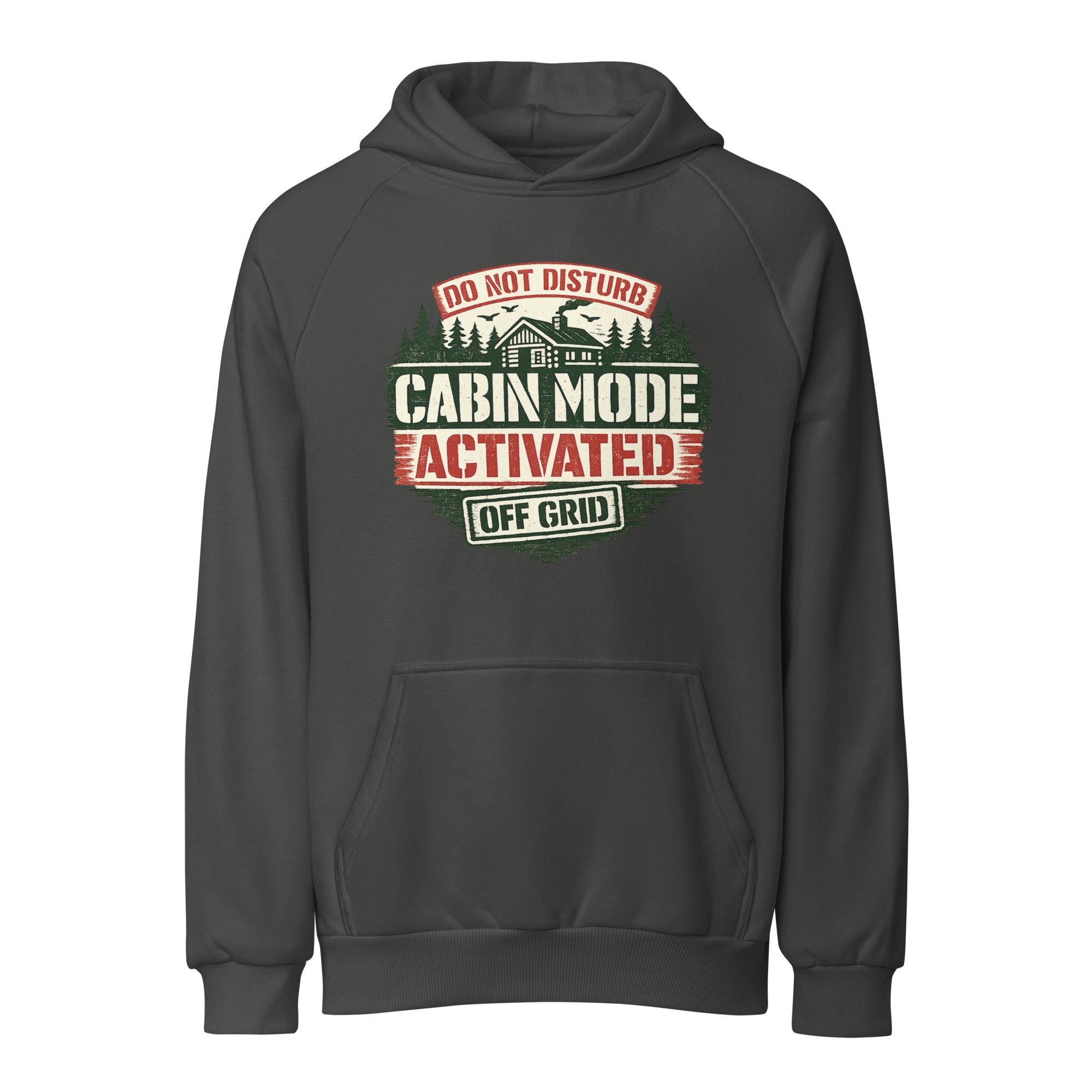 Asphalt unisex heavy hoodie with Cabin Mode Activated front graphic and kangaroo pocket
