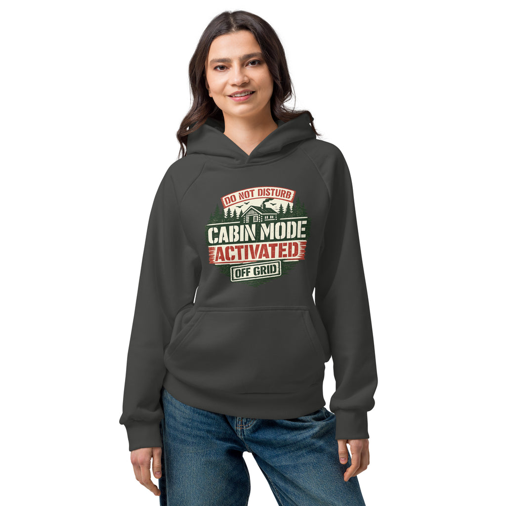 Unisex heavyweight hoodie in dark gray with front Cabin Mode Activated graphic