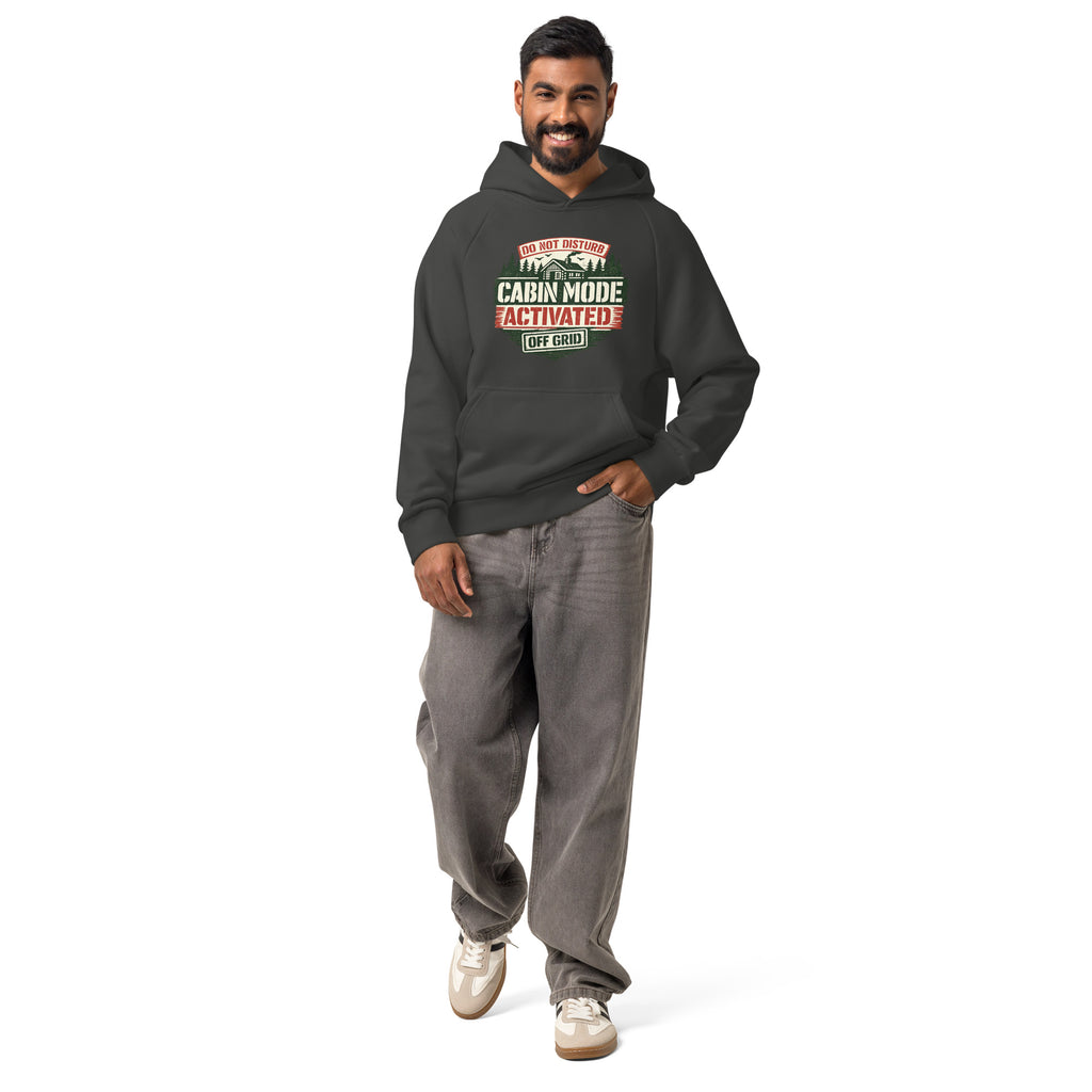 Unisex heavyweight hoodie, dark gray with hood and kangaroo pocket, front logo print