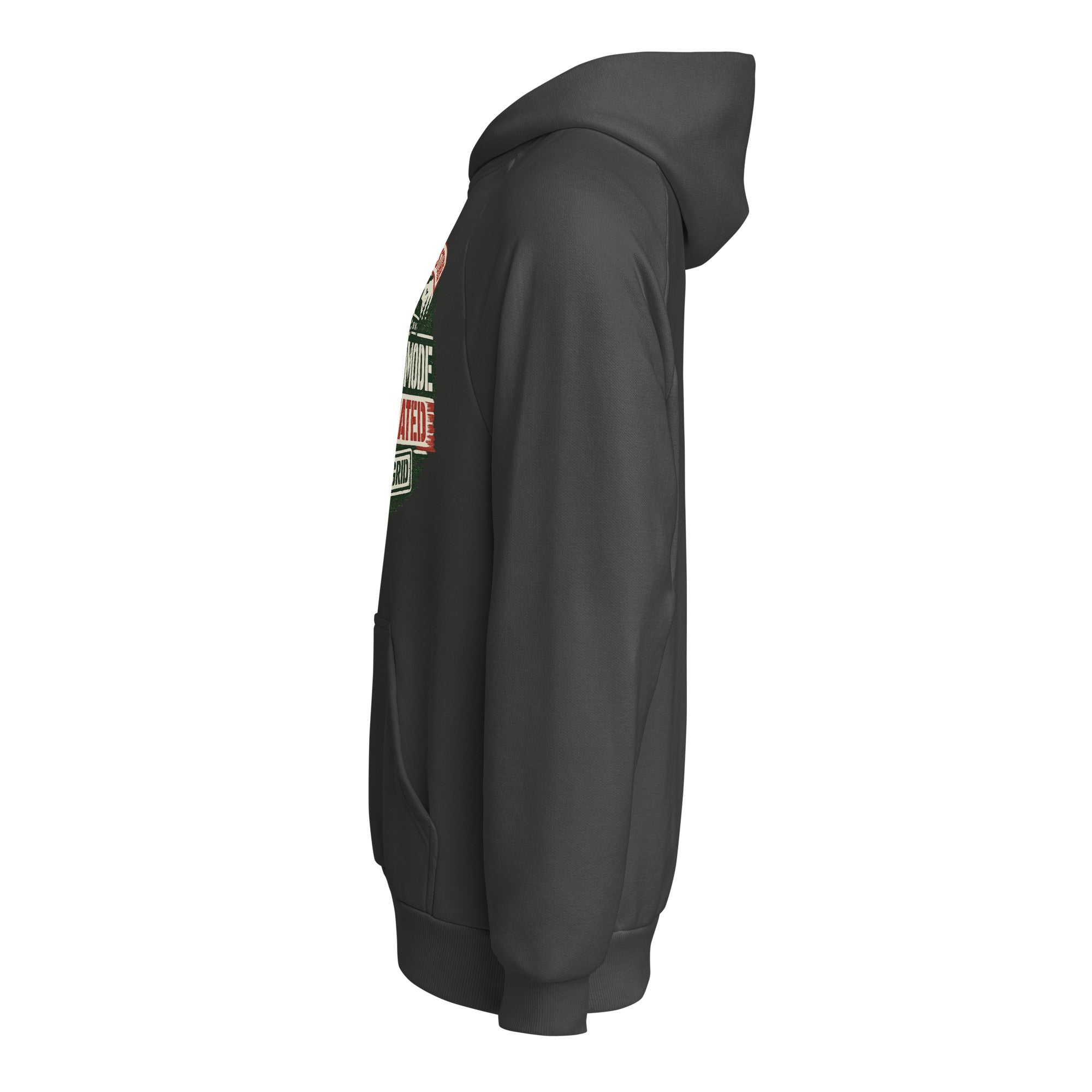 Unisex heavyweight hoodie, dark gray, side view with hood and kangaroo pocket.