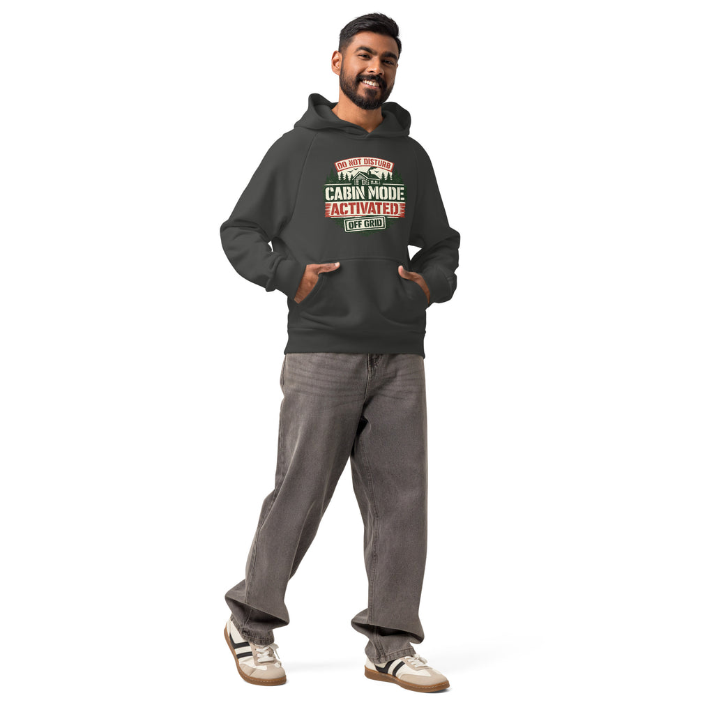 Asphalt gray unisex heavyweight hoodie with hood, kangaroo pocket, and Cabin Mode graphic