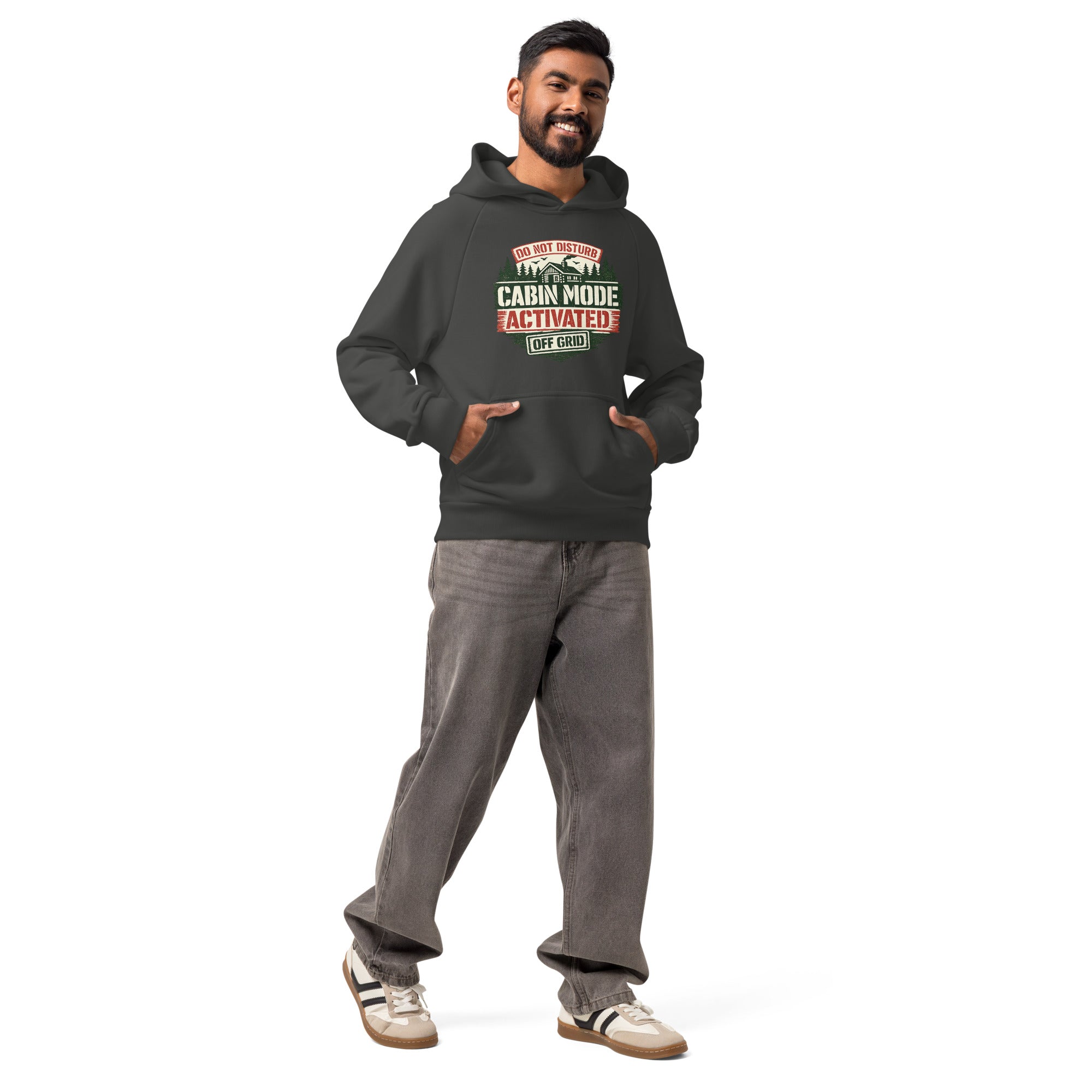 Asphalt gray unisex heavyweight hoodie with hood, kangaroo pocket, and Cabin Mode graphic