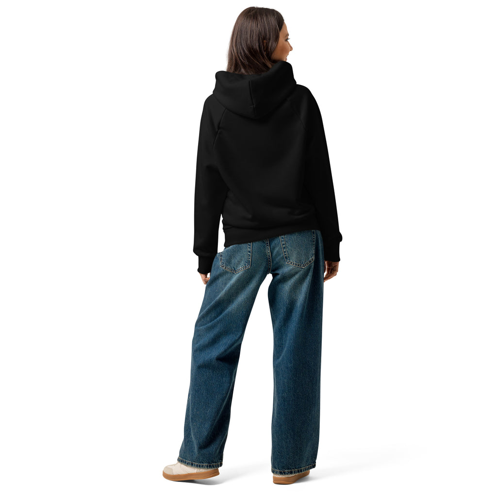 Unisex heavyweight hoodie in black, back view with hood and kangaroo pocket