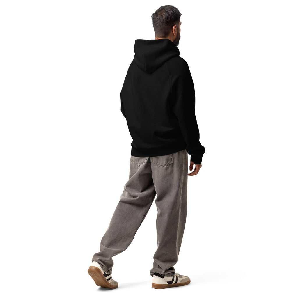 Black unisex heavyweight hoodie with hood and kangaroo pocket, back view