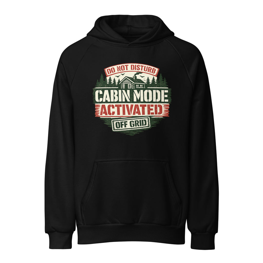 Black unisex heavy hoodie with Cabin Mode Activated front graphic and kangaroo pocket
