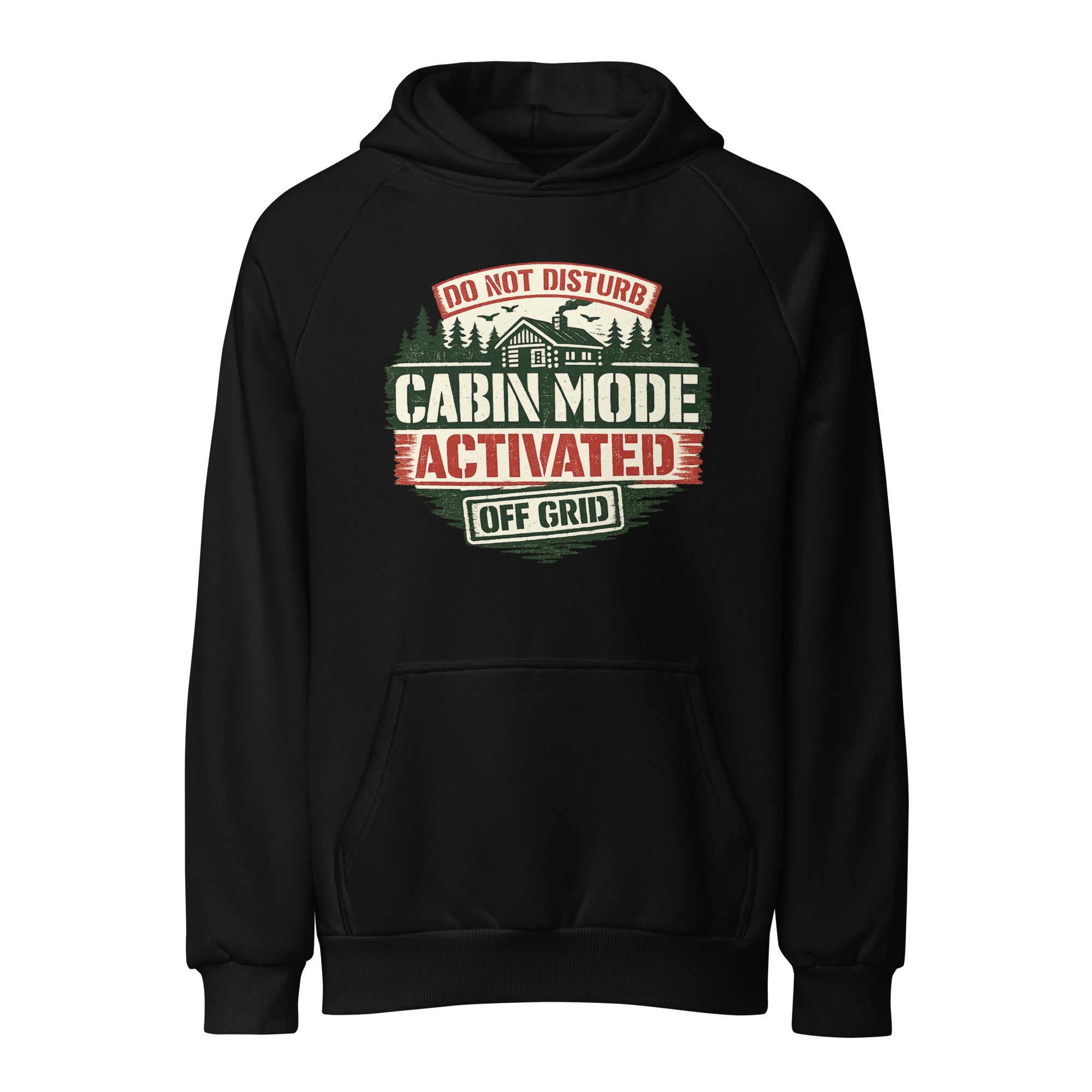 Black unisex heavy hoodie with Cabin Mode Activated front graphic and kangaroo pocket