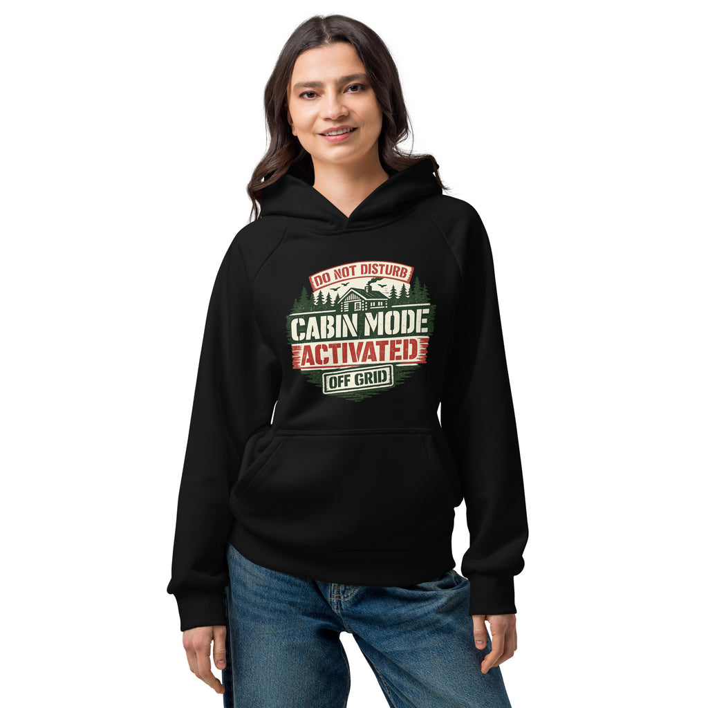 Unisex heavyweight hoodie in black with front Cabin Mode Activated graphic