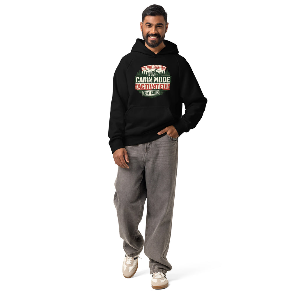 Unisex heavyweight hoodie, black with hood and kangaroo pocket, front logo print