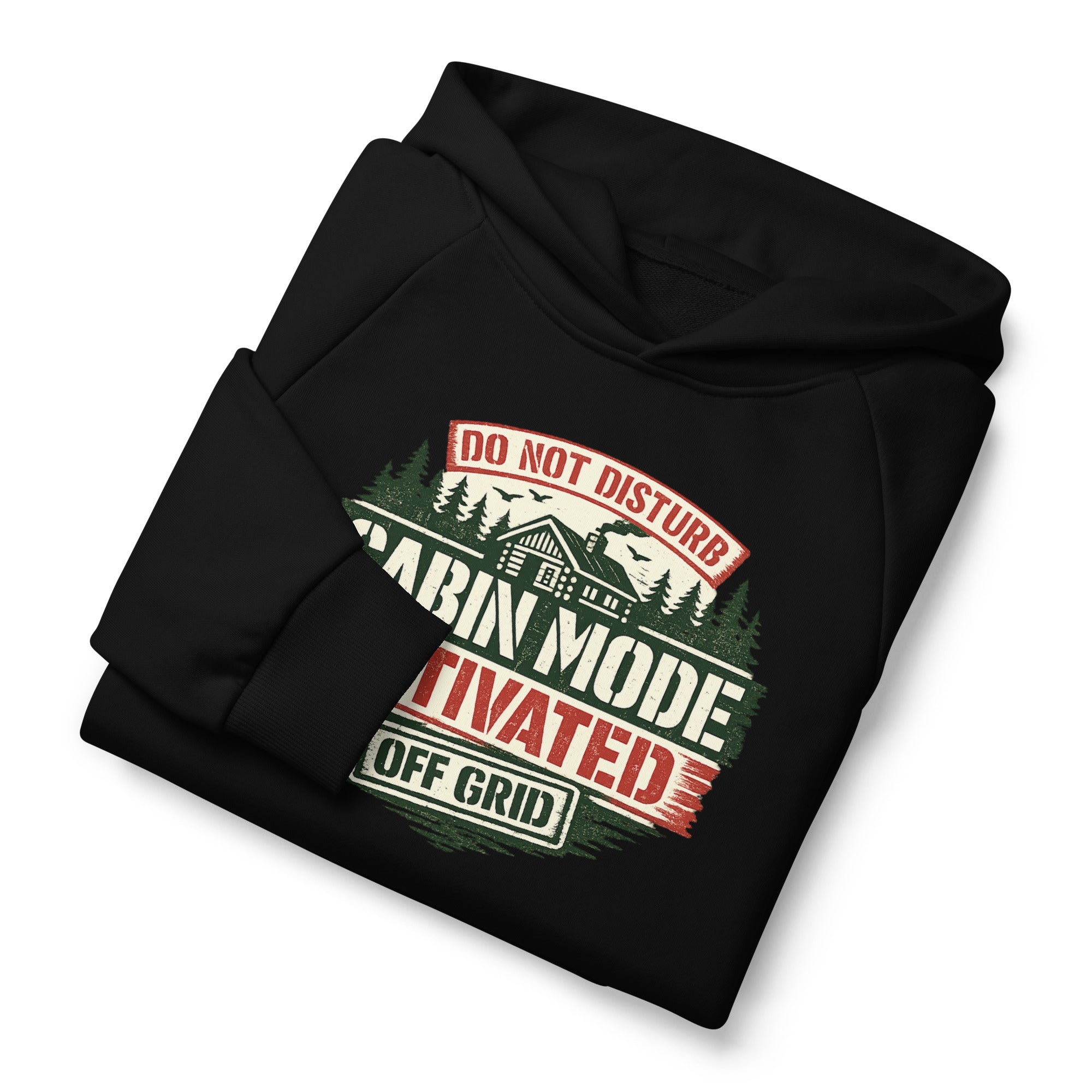 Black unisex hoodie with attached hood and front graphic print reading “URBAN MODE”