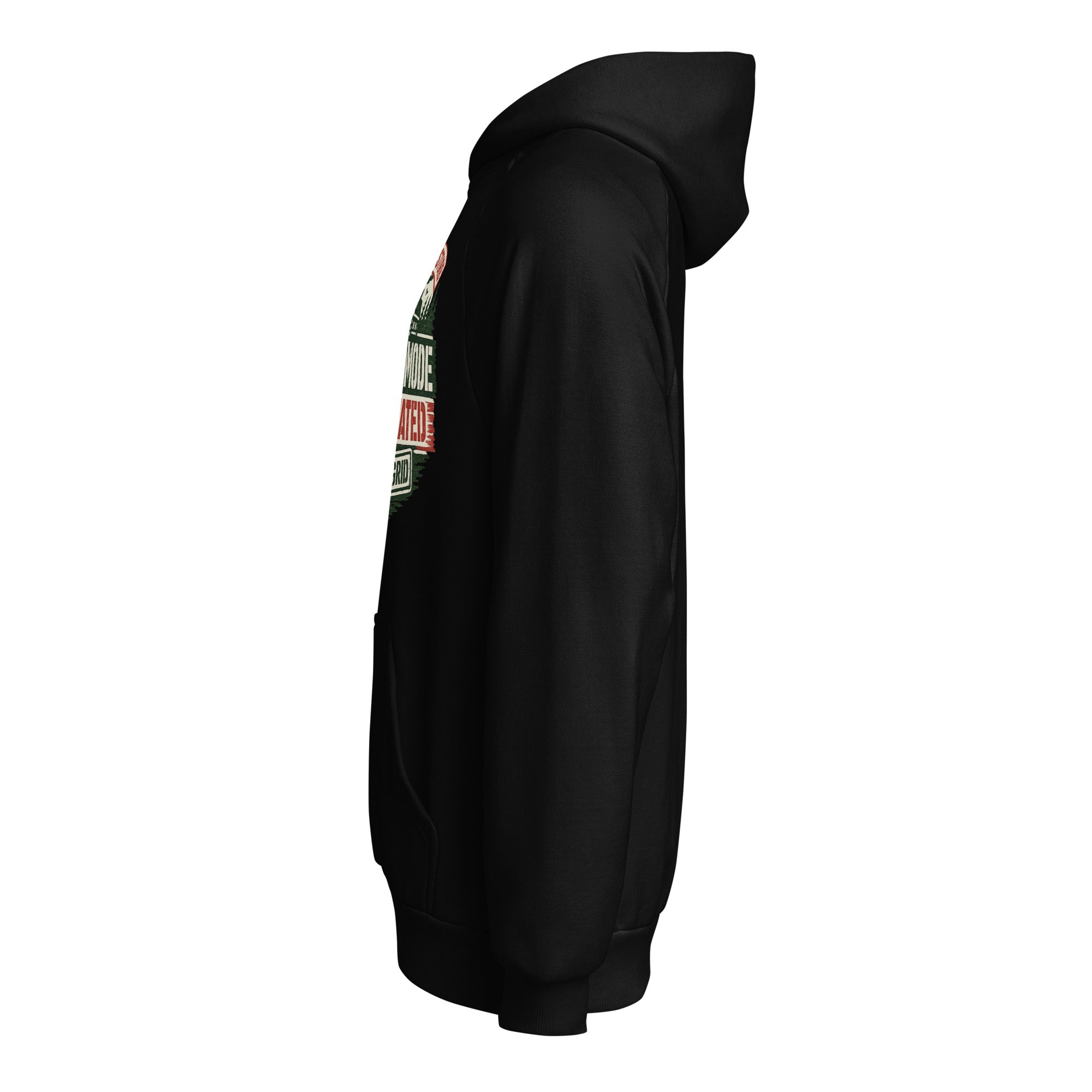 Unisex heavyweight hoodie, black, side view with hood and kangaroo pocket.