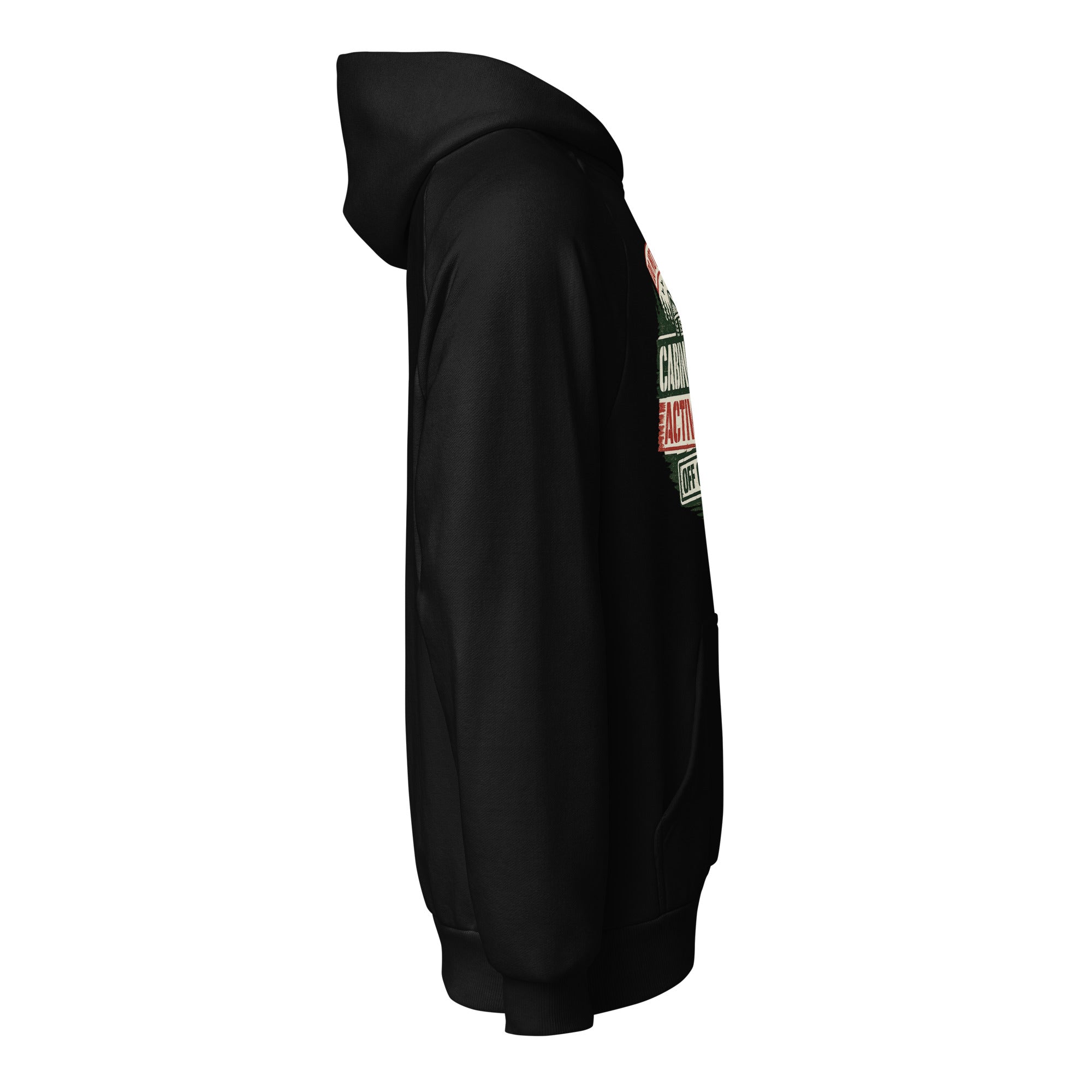 Unisex heavyweight hoodie, black, side view with sleeve graphic detail, hood and kangaroo pocket.