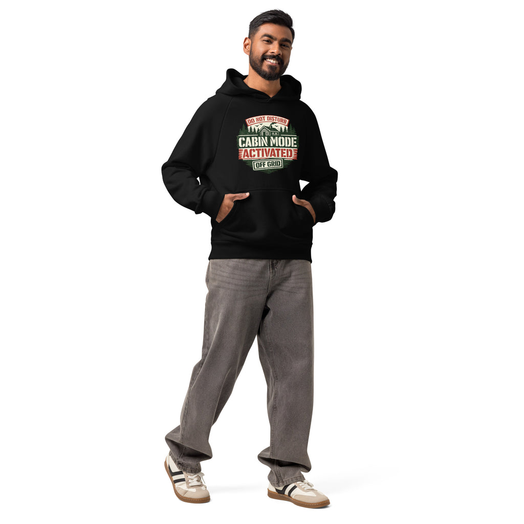 Black unisex heavyweight hoodie with hood, kangaroo pocket, and Cabin Mode graphic