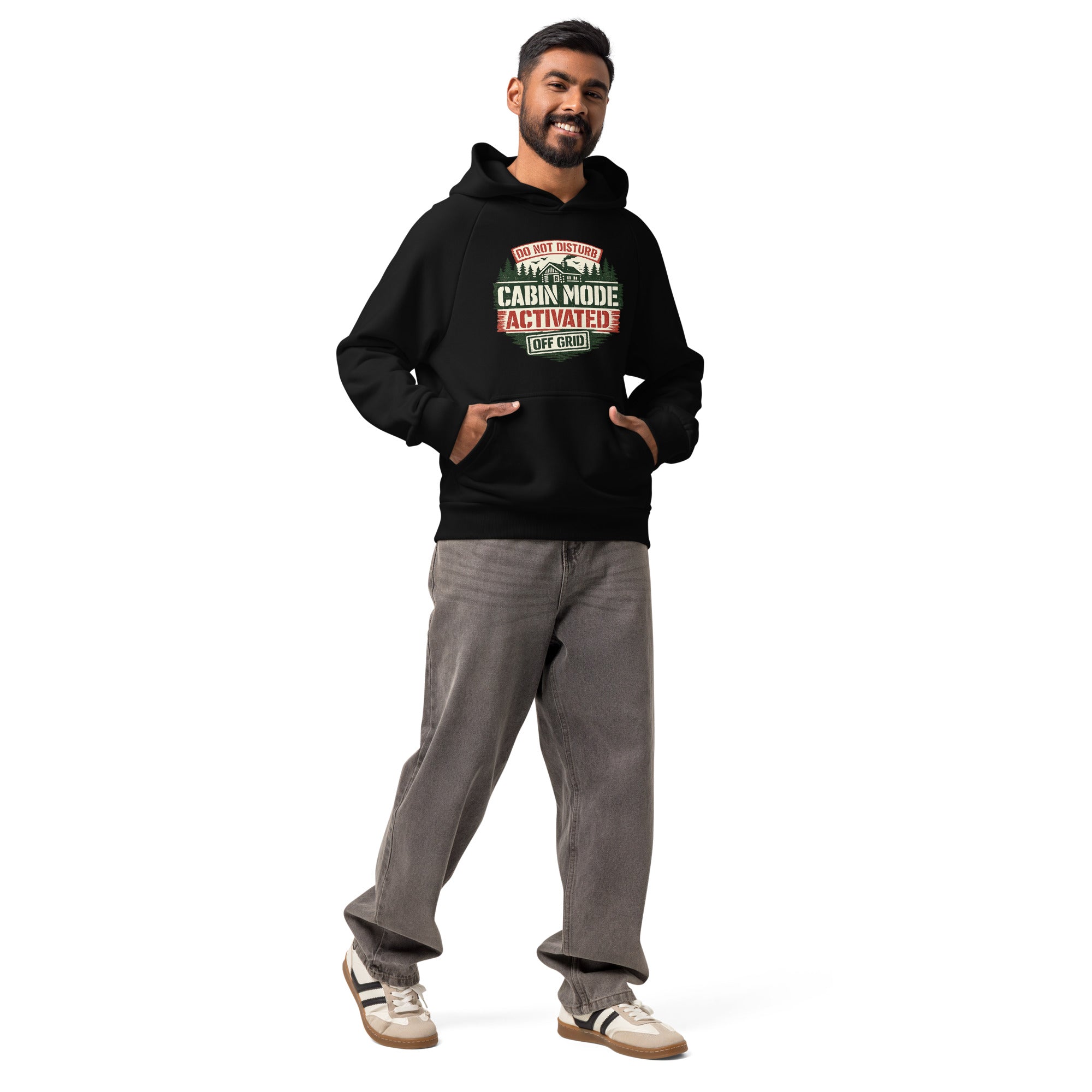 Black unisex heavyweight hoodie with hood, kangaroo pocket, and Cabin Mode graphic