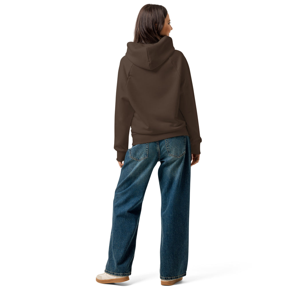 Unisex heavyweight hoodie in chocolate brown, back view with hood and kangaroo pocket