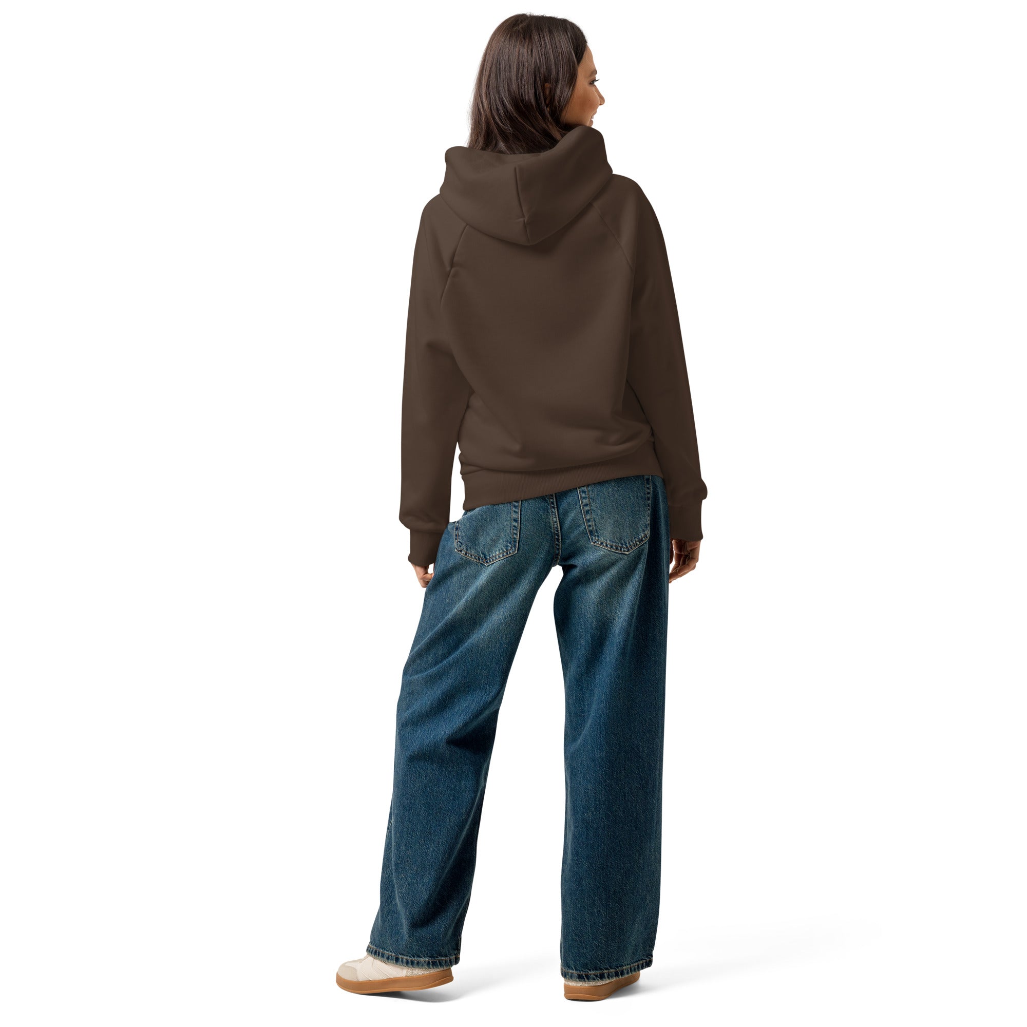 Unisex heavyweight hoodie in chocolate brown, back view with hood and kangaroo pocket