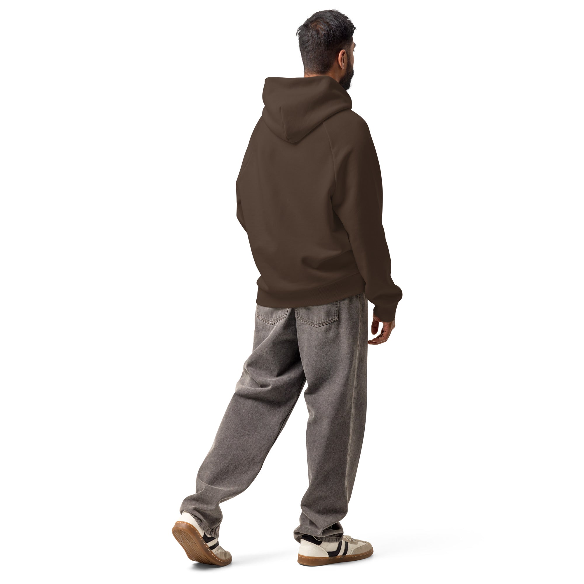 Chocolate brown unisex heavyweight hoodie with hood and kangaroo pocket, back view