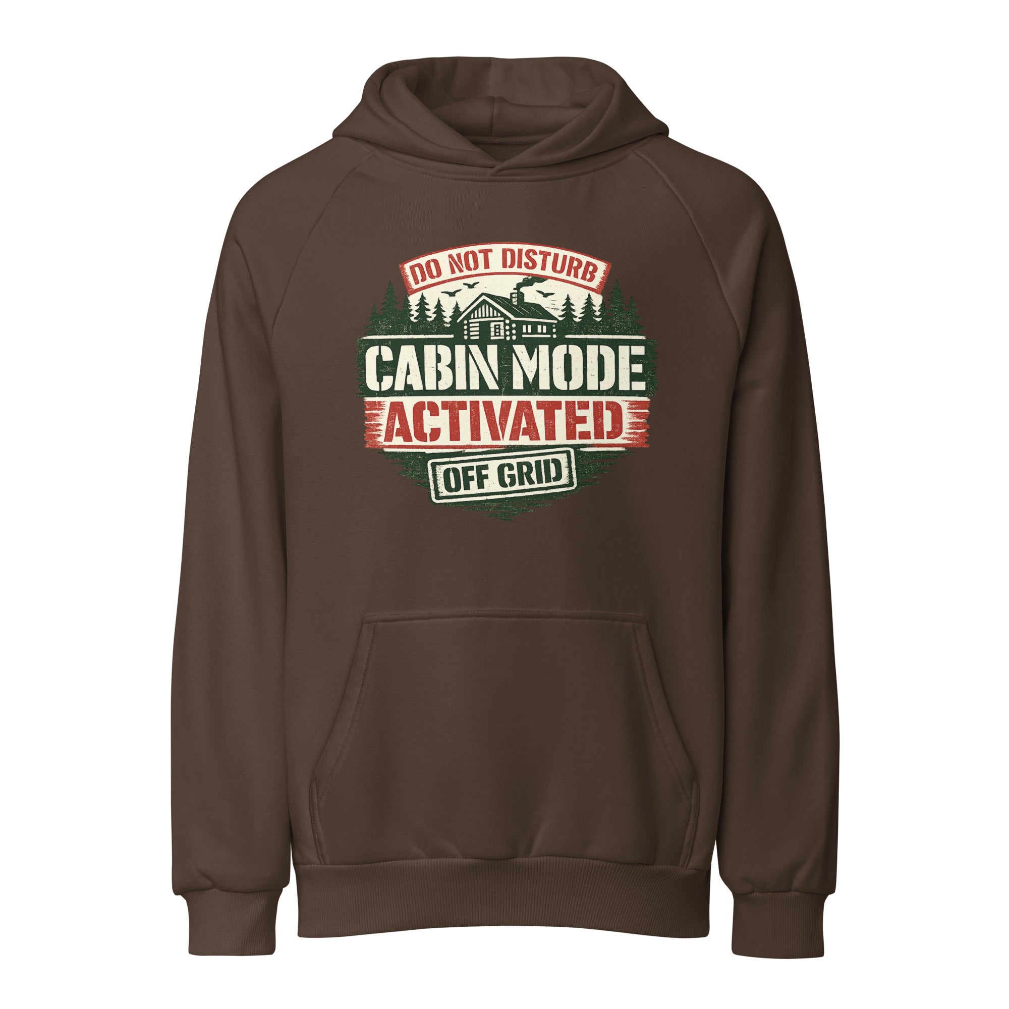 Chocolate brown unisex heavy hoodie with Cabin Mode Activated front graphic and kangaroo pocket