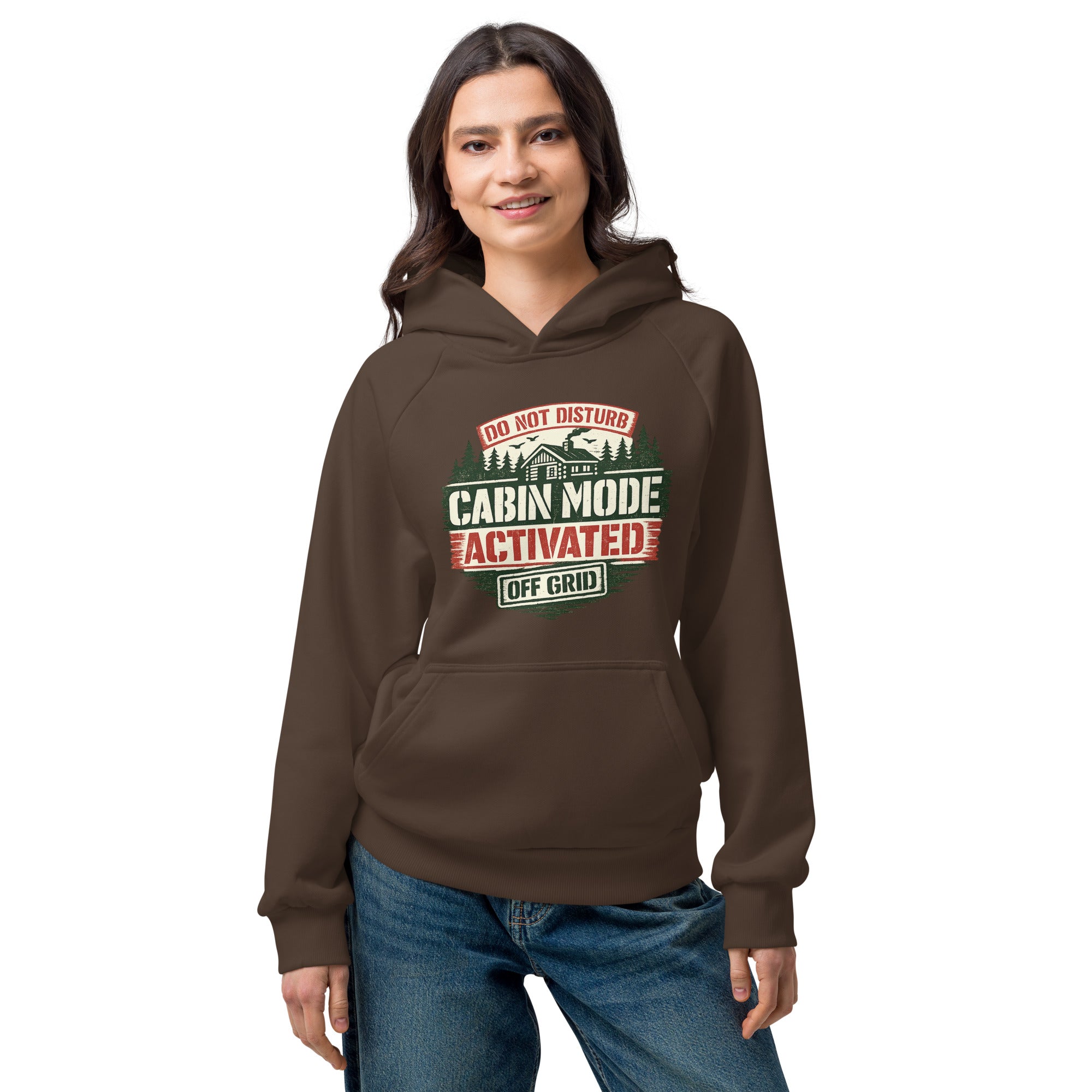 Unisex heavyweight hoodie in chocolate brown with front Cabin Mode Activated graphic