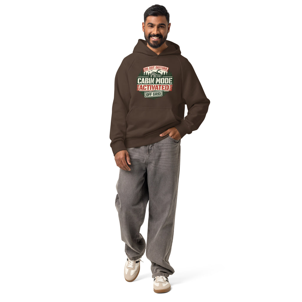 Unisex heavyweight hoodie, chocolate brown with hood and kangaroo pocket, front logo