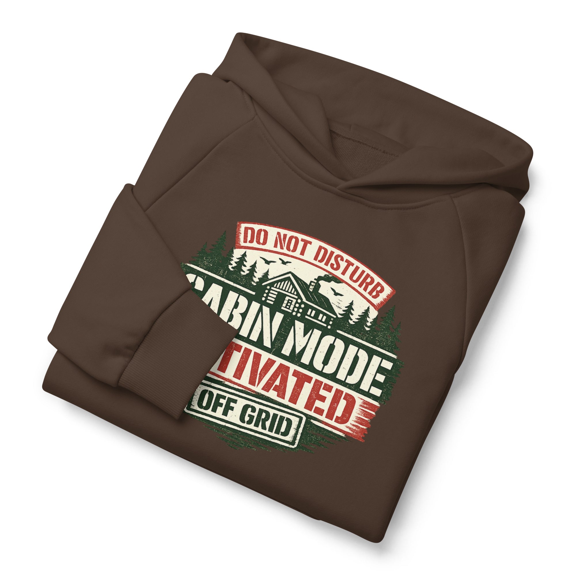 Chocolate brown unisex hoodie with attached hood and front graphic “URBAN MODE”