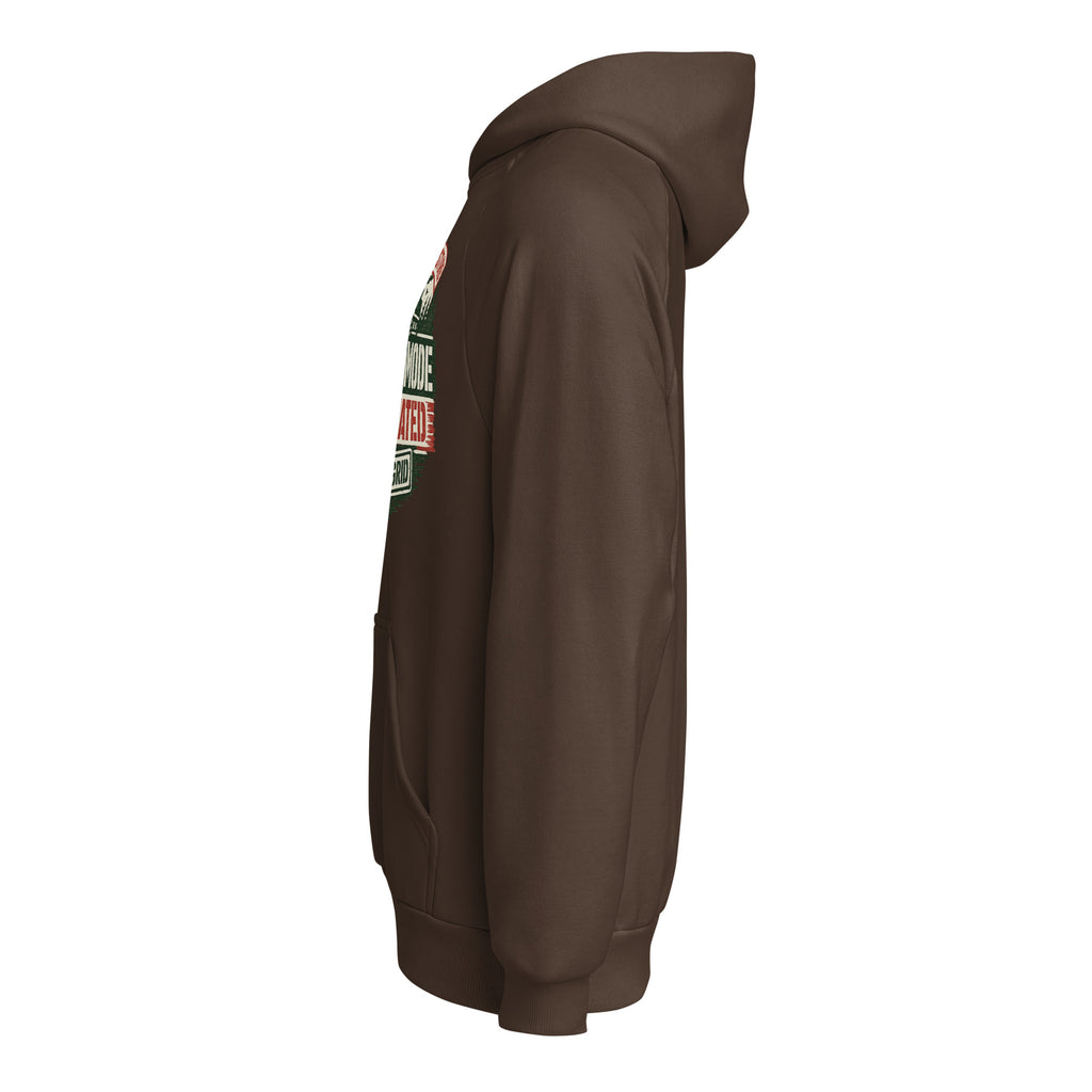 Unisex heavyweight hoodie, chocolate brown, side view with hood and kangaroo pocket.