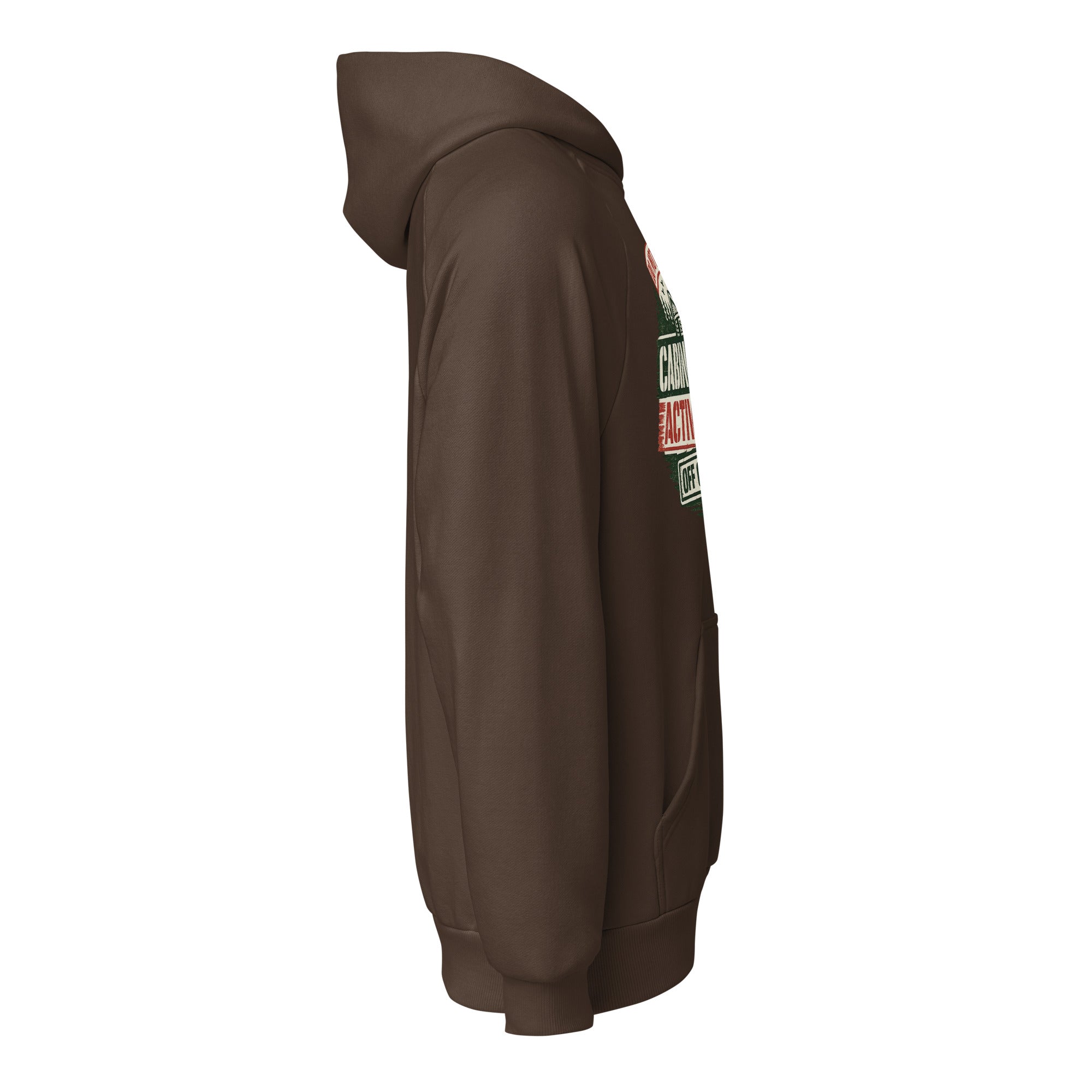 Unisex heavyweight hoodie, brown, side view with sleeve graphic detail, hood and kangaroo pocket.