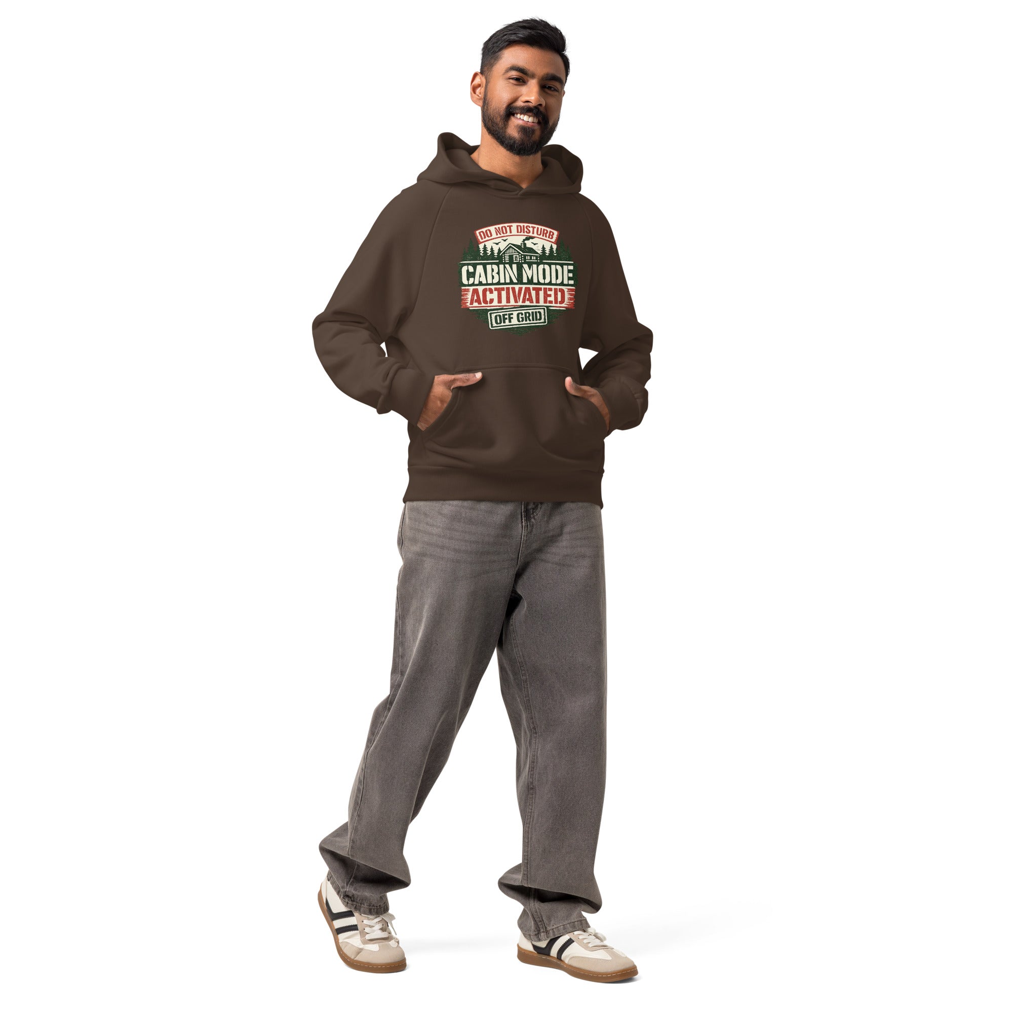 Chocolate brown unisex heavyweight hoodie with hood, kangaroo pocket, and Cabin Mode graphic