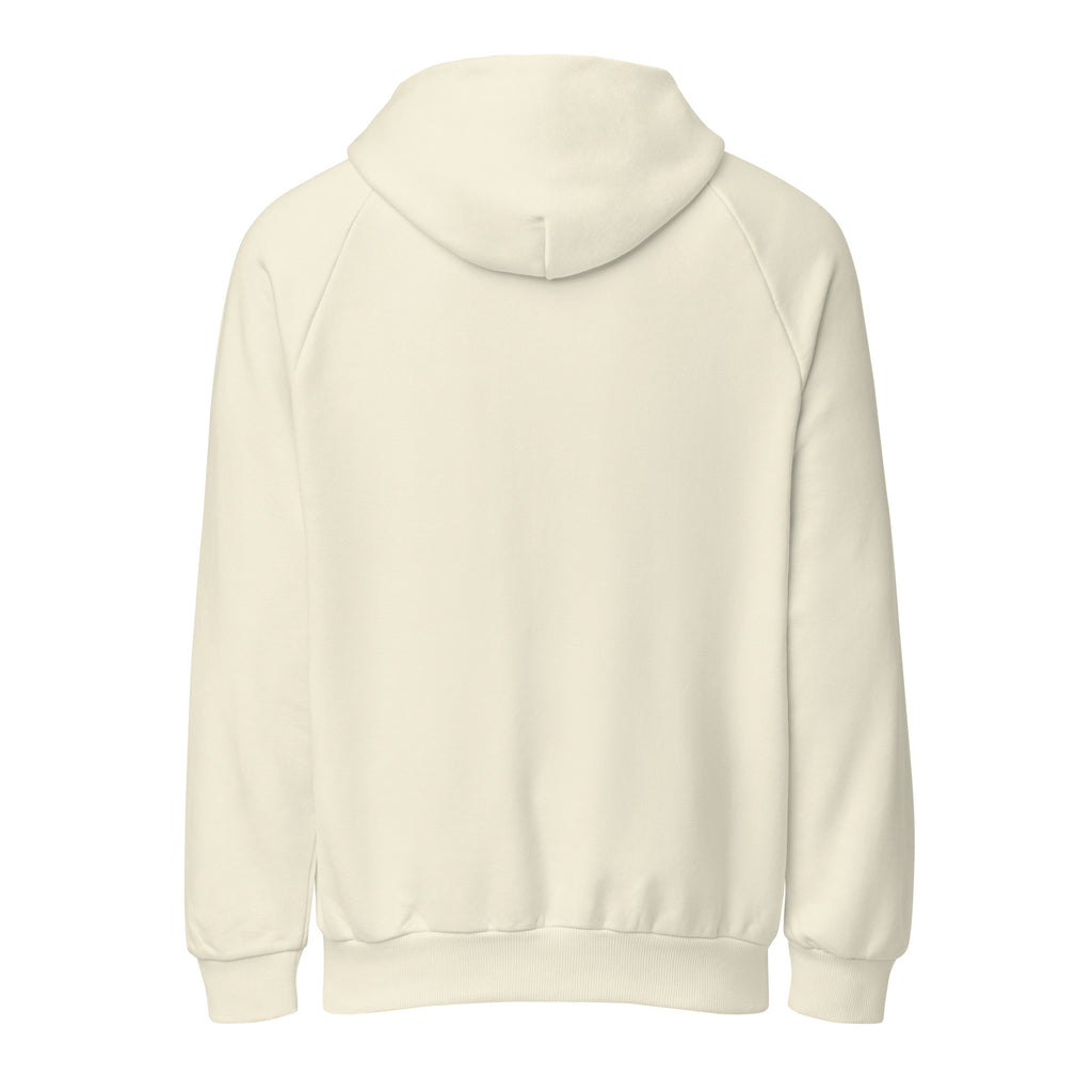 Unisex heavyweight hoodie, cream color, pullover style with hood and front kangaroo pocket.
