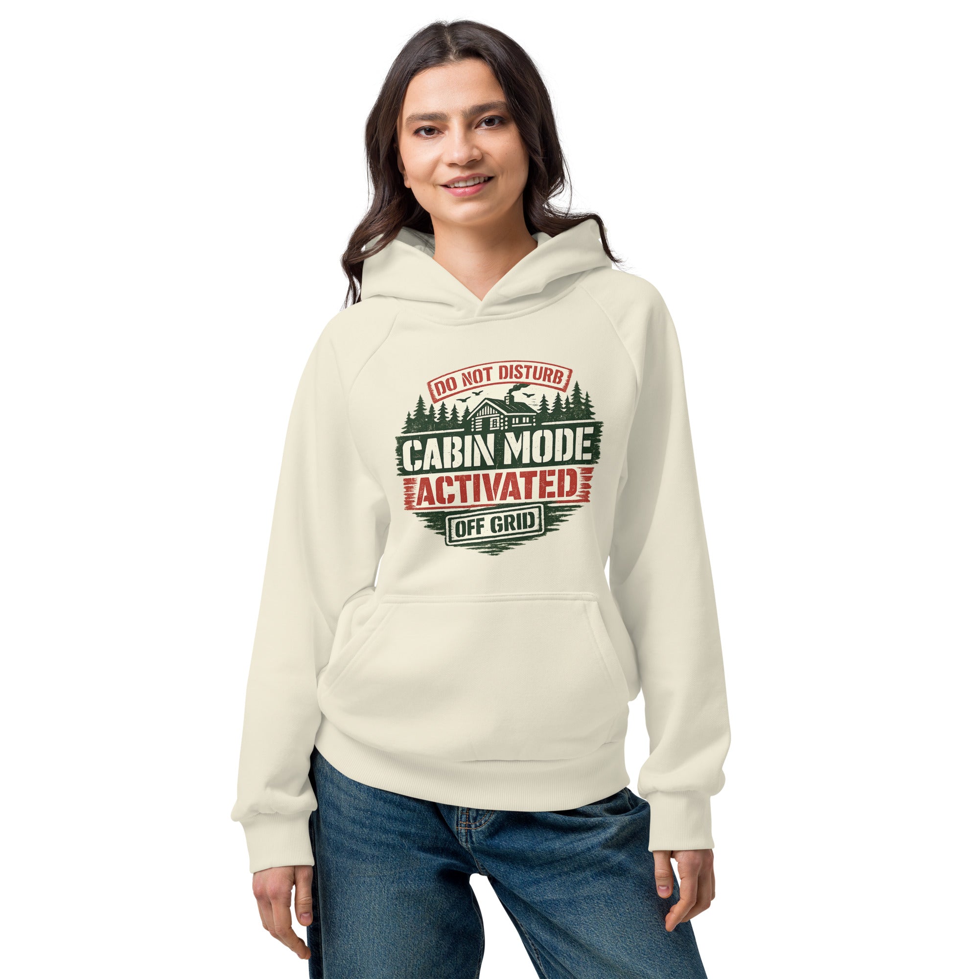 Unisex heavyweight hoodie in cream with front Cabin Mode Activated graphic
