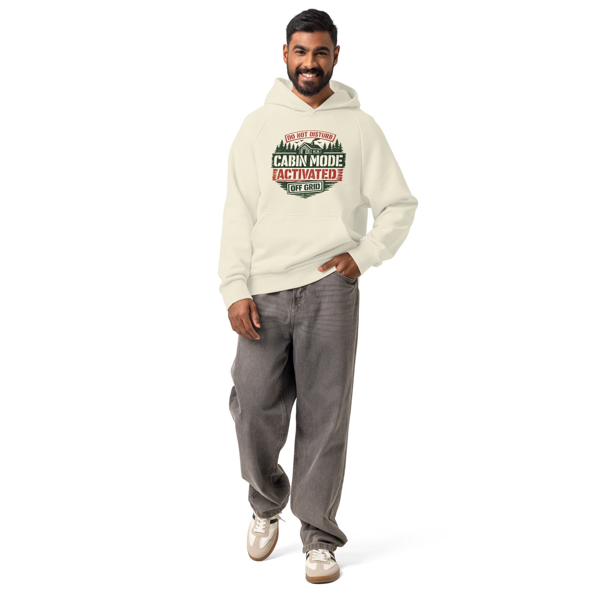 Unisex heavyweight hoodie, cream with hood and kangaroo pocket, front logo print