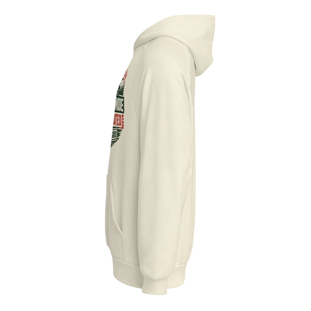 Unisex heavyweight hoodie, off-white, side view with hood and kangaroo pocket.