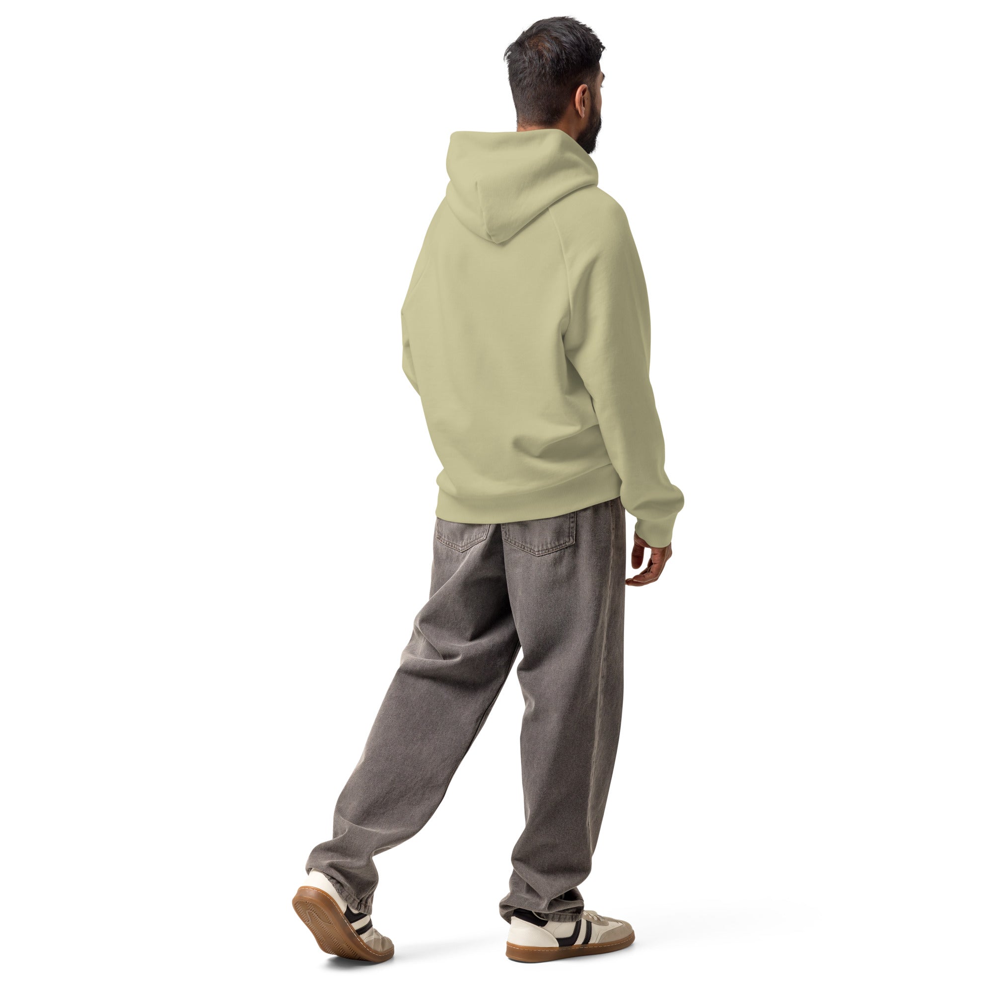 Cream unisex heavyweight hoodie with hood and kangaroo pocket, back view