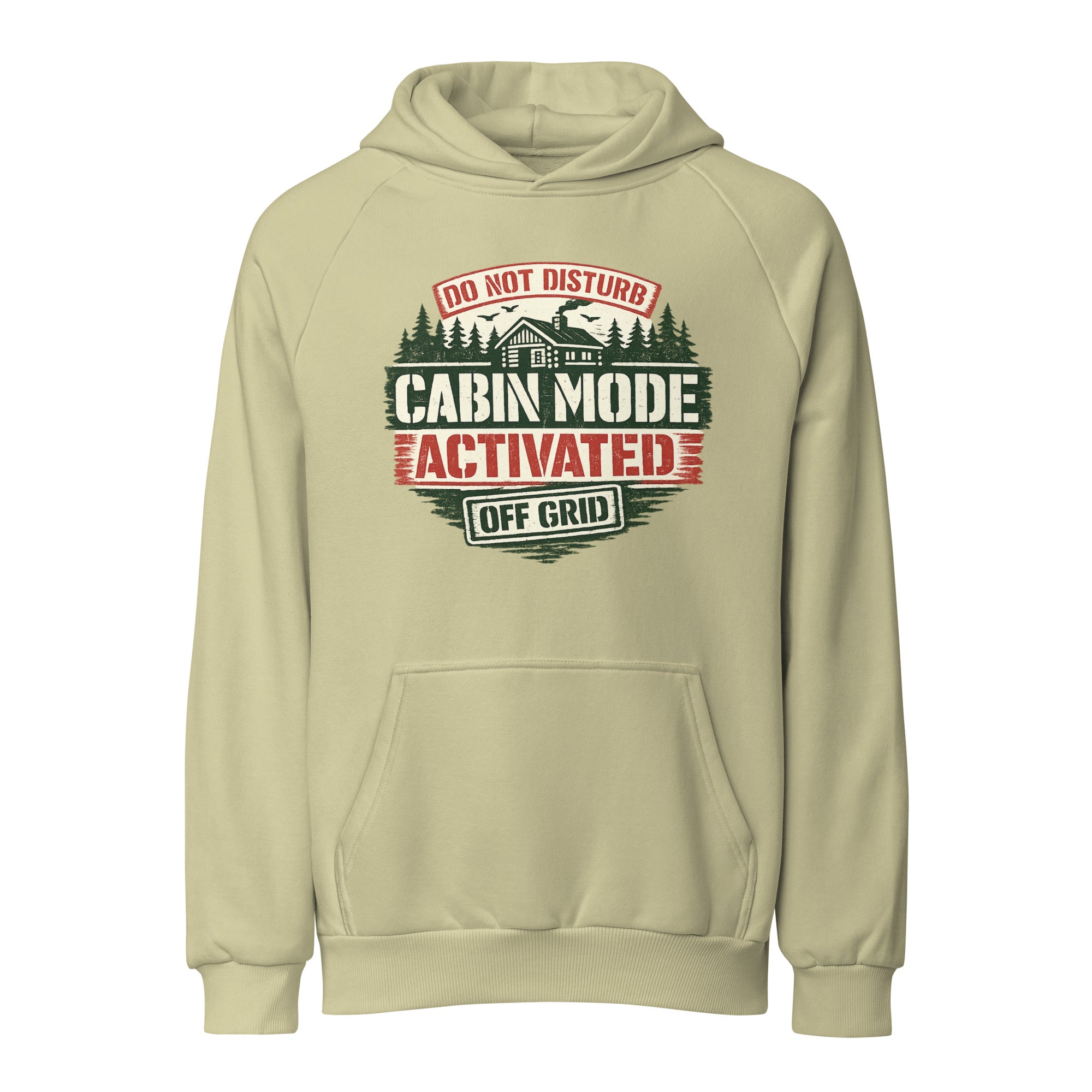Cream unisex heavy hoodie with Cabin Mode Activated front graphic and kangaroo pocket