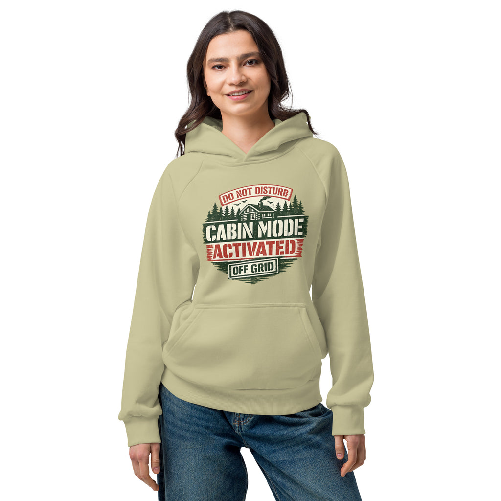 Unisex heavyweight hoodie in olive green with front Cabin Mode Activated graphic