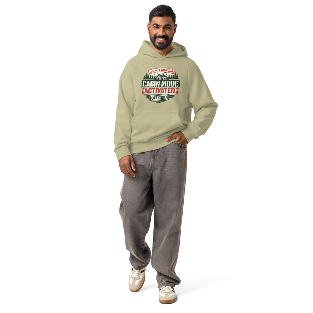 Unisex heavyweight hoodie, olive green with hood and kangaroo pocket, front logo print