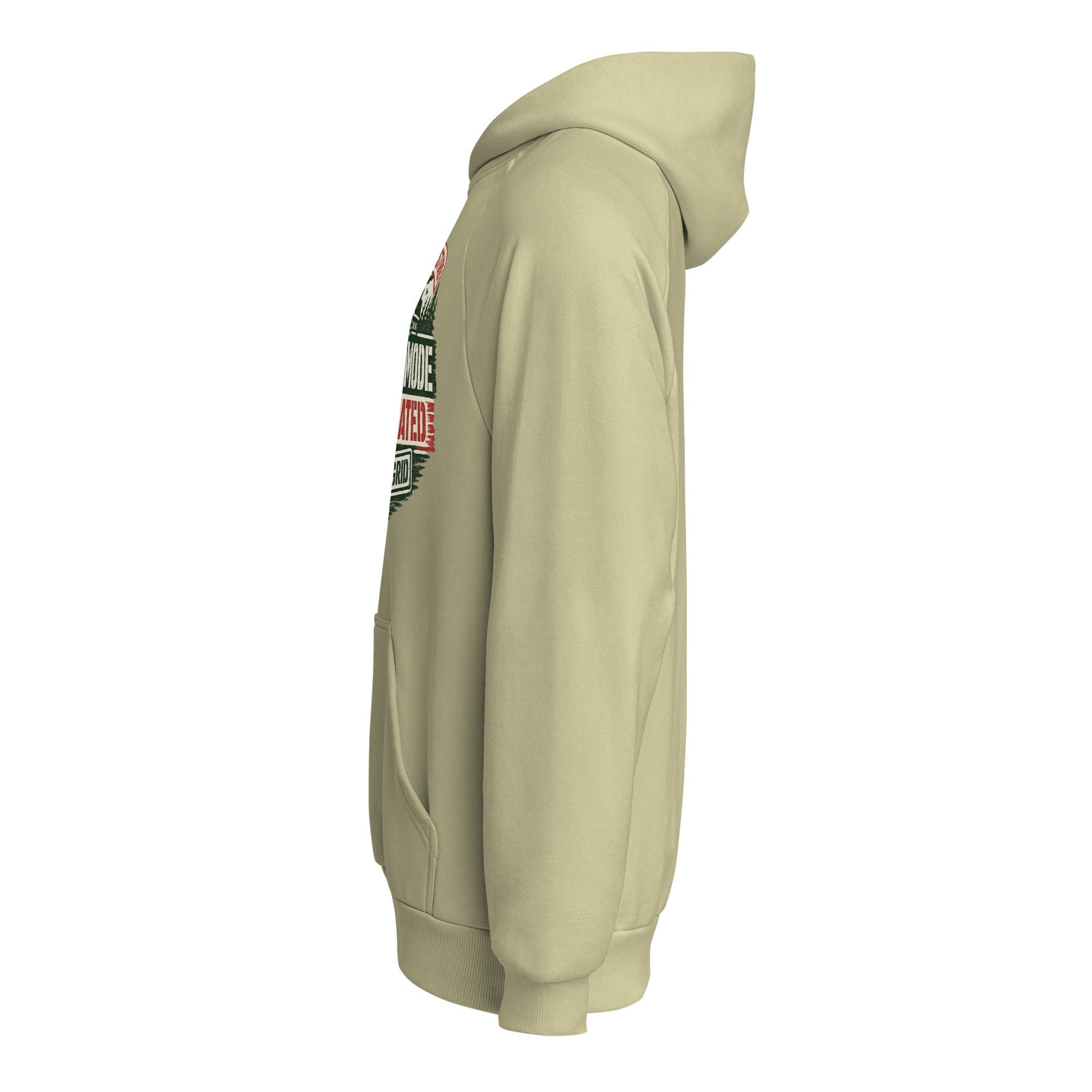 Unisex heavyweight hoodie, light beige, side view with hood and kangaroo pocket.