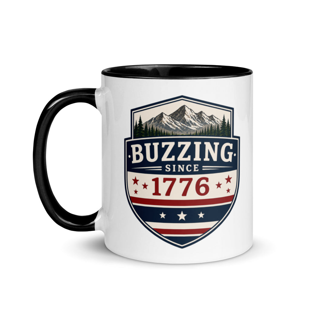 Two-tone coffee mug with black interior and handle, featuring mountain shield logo.
