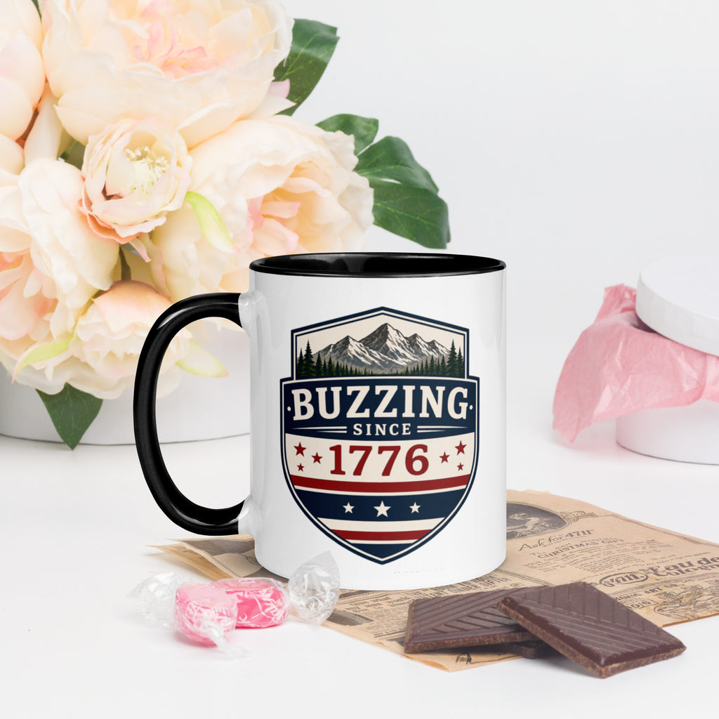 Ceramic mug with patriotic shield print, black rim and handle