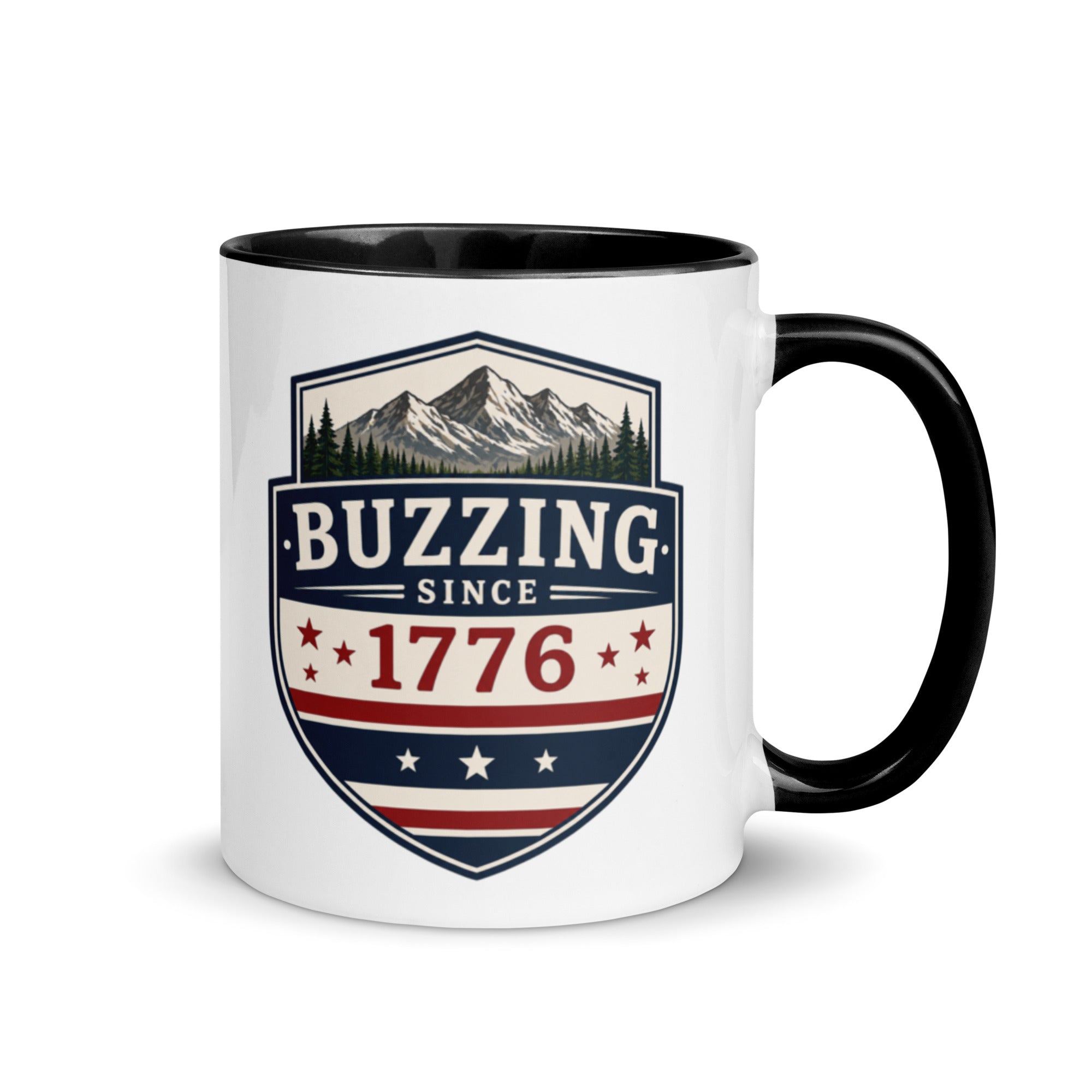 Coffee mug with black interior and handle; “Buzzing Since 1776” graphic
