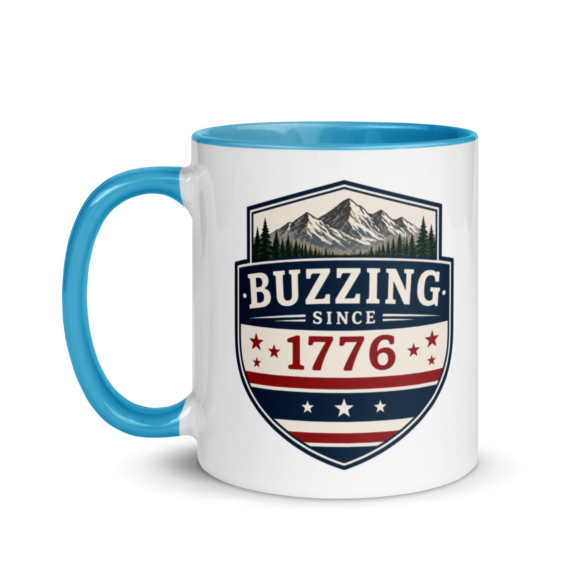 Two-tone coffee mug with blue interior and handle, featuring mountain shield logo.