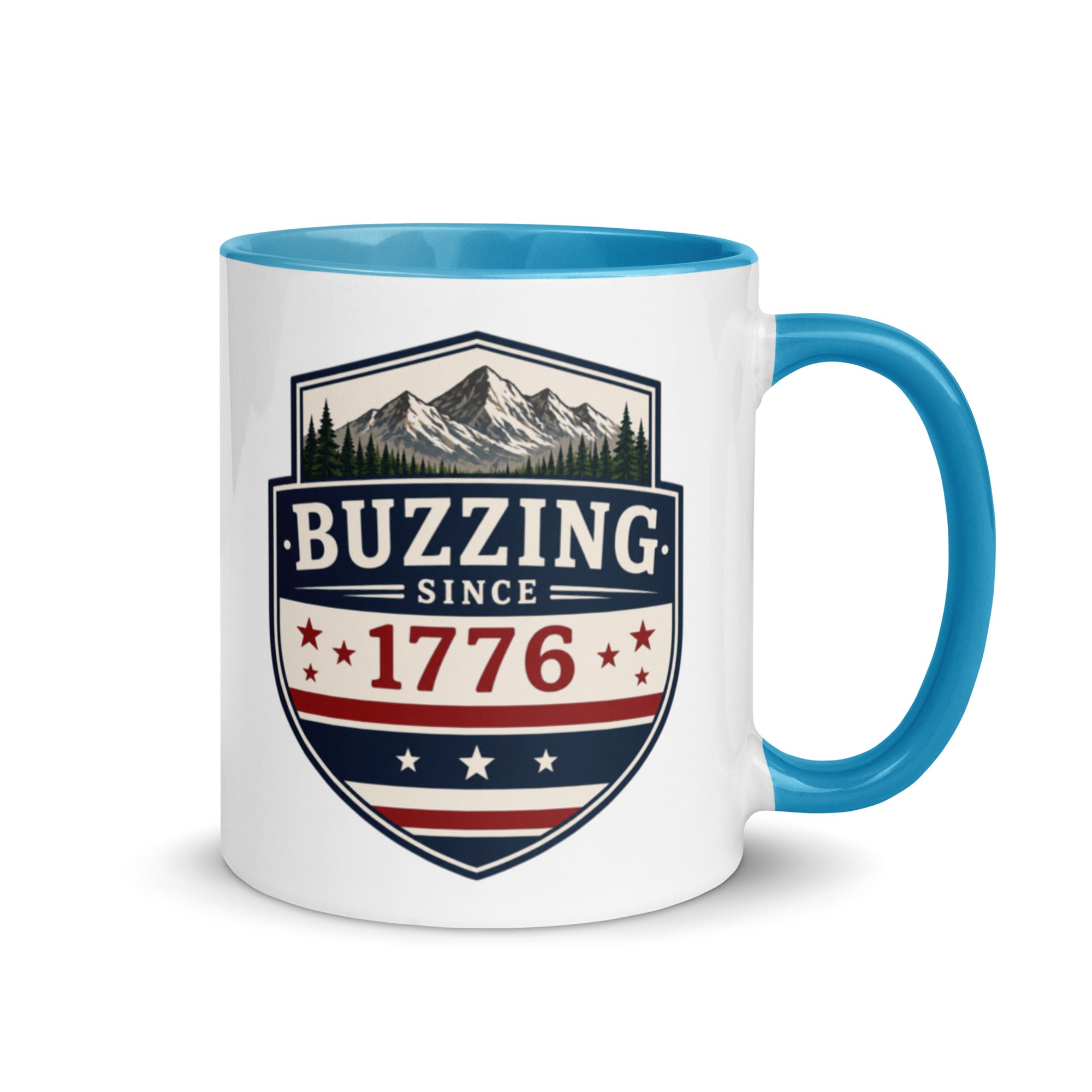 Coffee mug with blue interior and handle; “Buzzing Since 1776” graphic